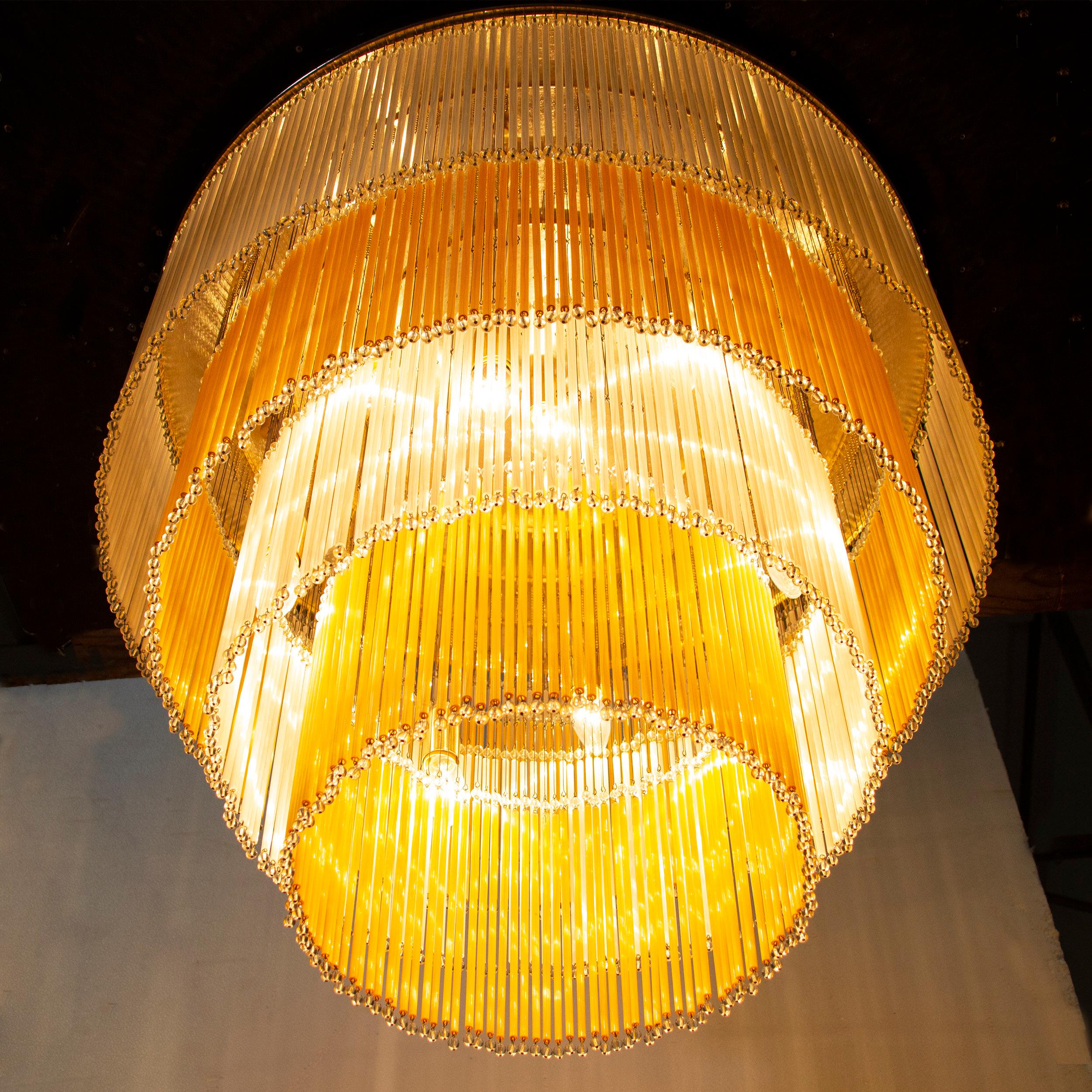 Large Ceiling Lamp with Glass and Pearl Rods, Silk and Amber colors, Italy For Sale 1