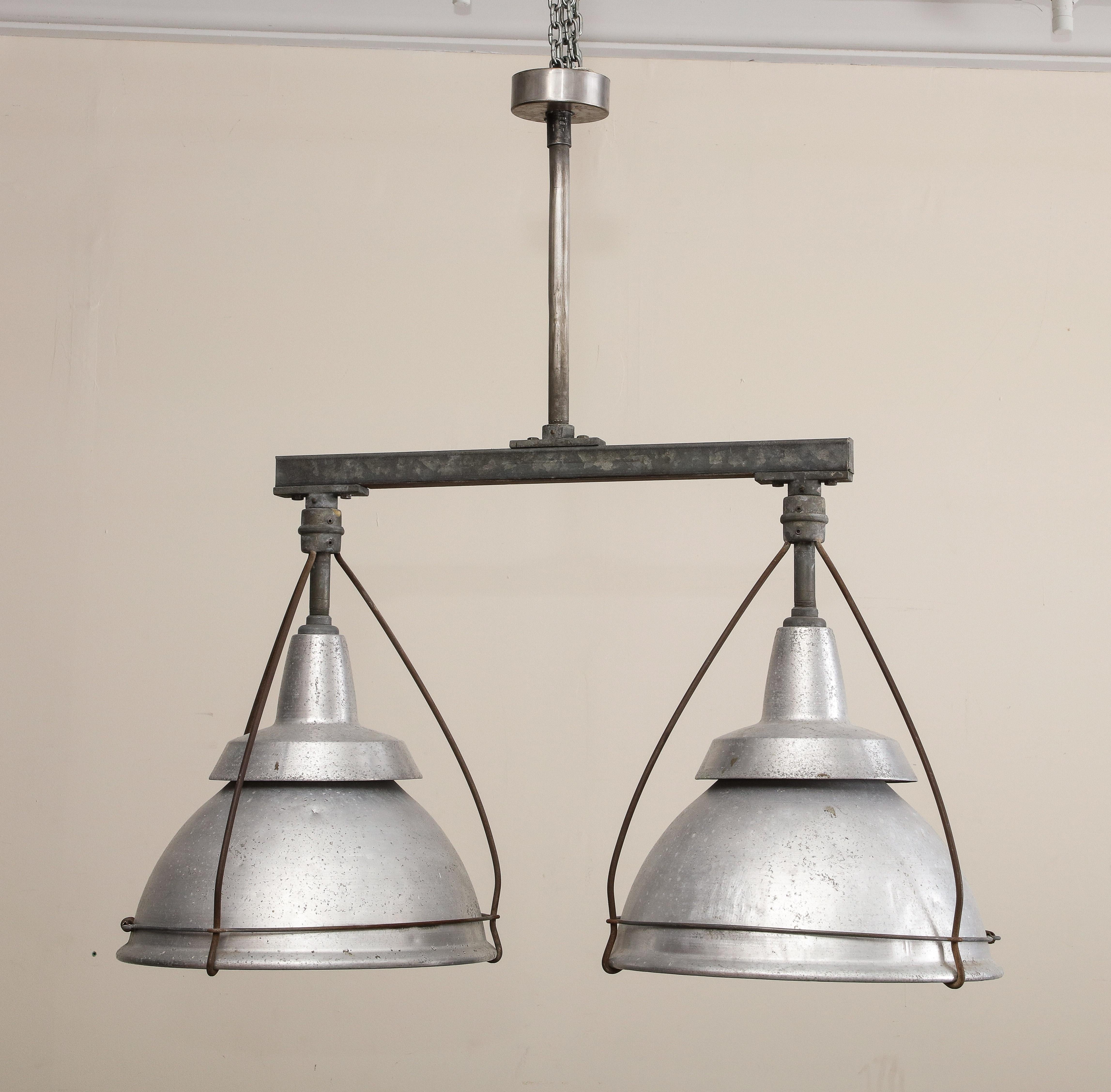 Large Ceiling-Mounted Industrial Double Pendant Light, C. 1920 In Good Condition For Sale In Chicago, IL