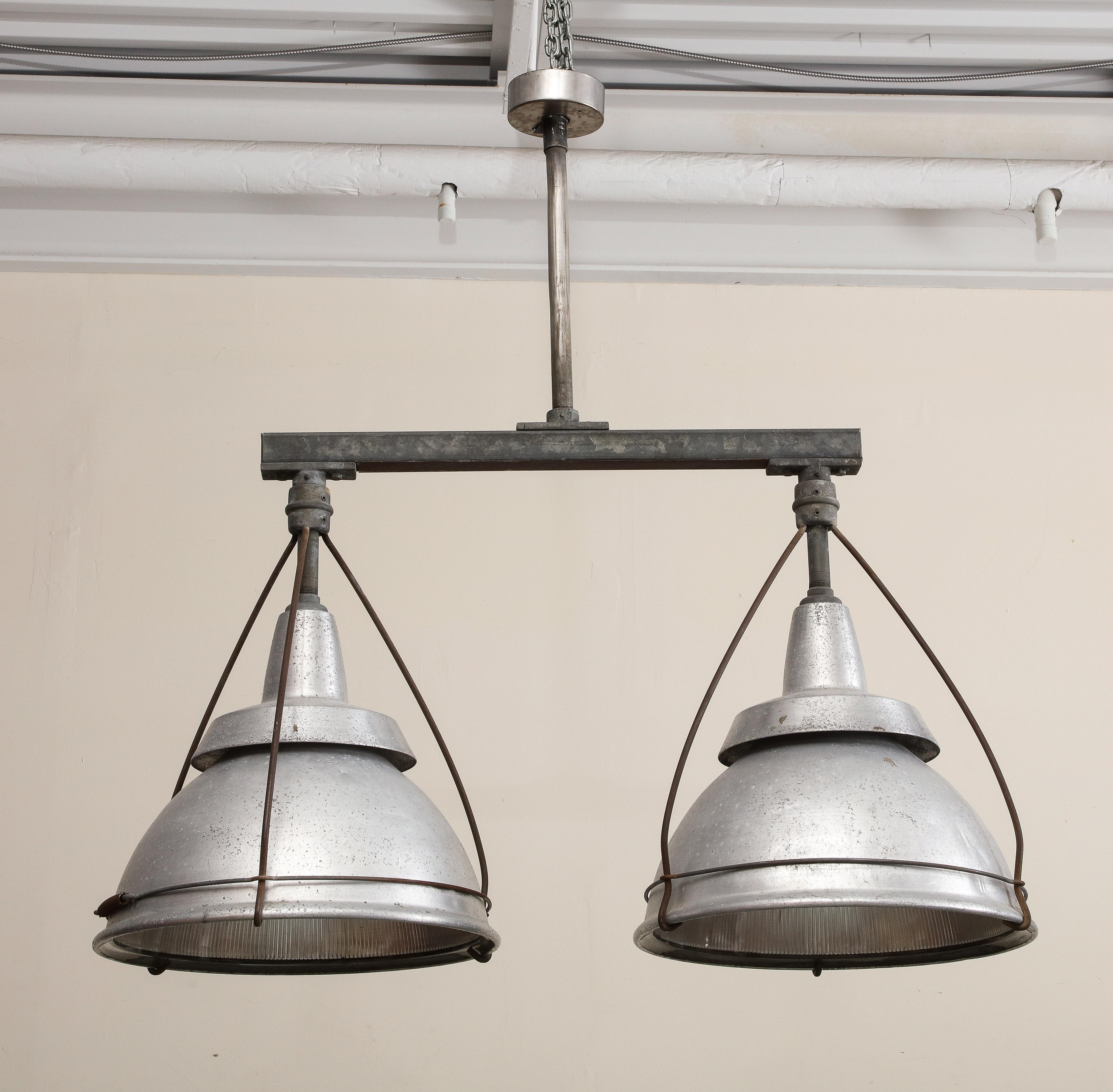 Early 20th Century Large Ceiling-Mounted Industrial Double Pendant Light, C. 1920 For Sale