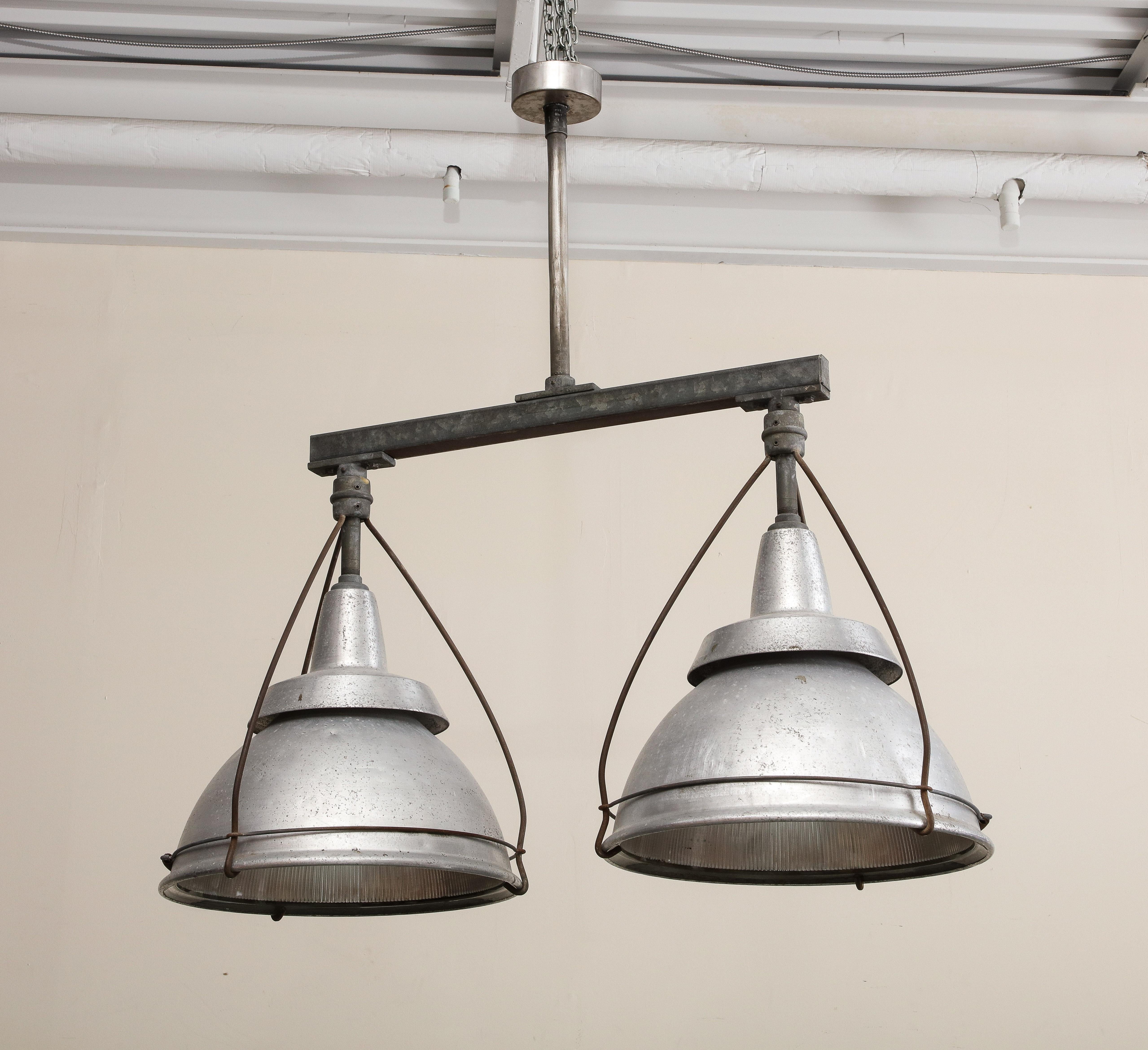 Metal Large Ceiling-Mounted Industrial Double Pendant Light, C. 1920 For Sale