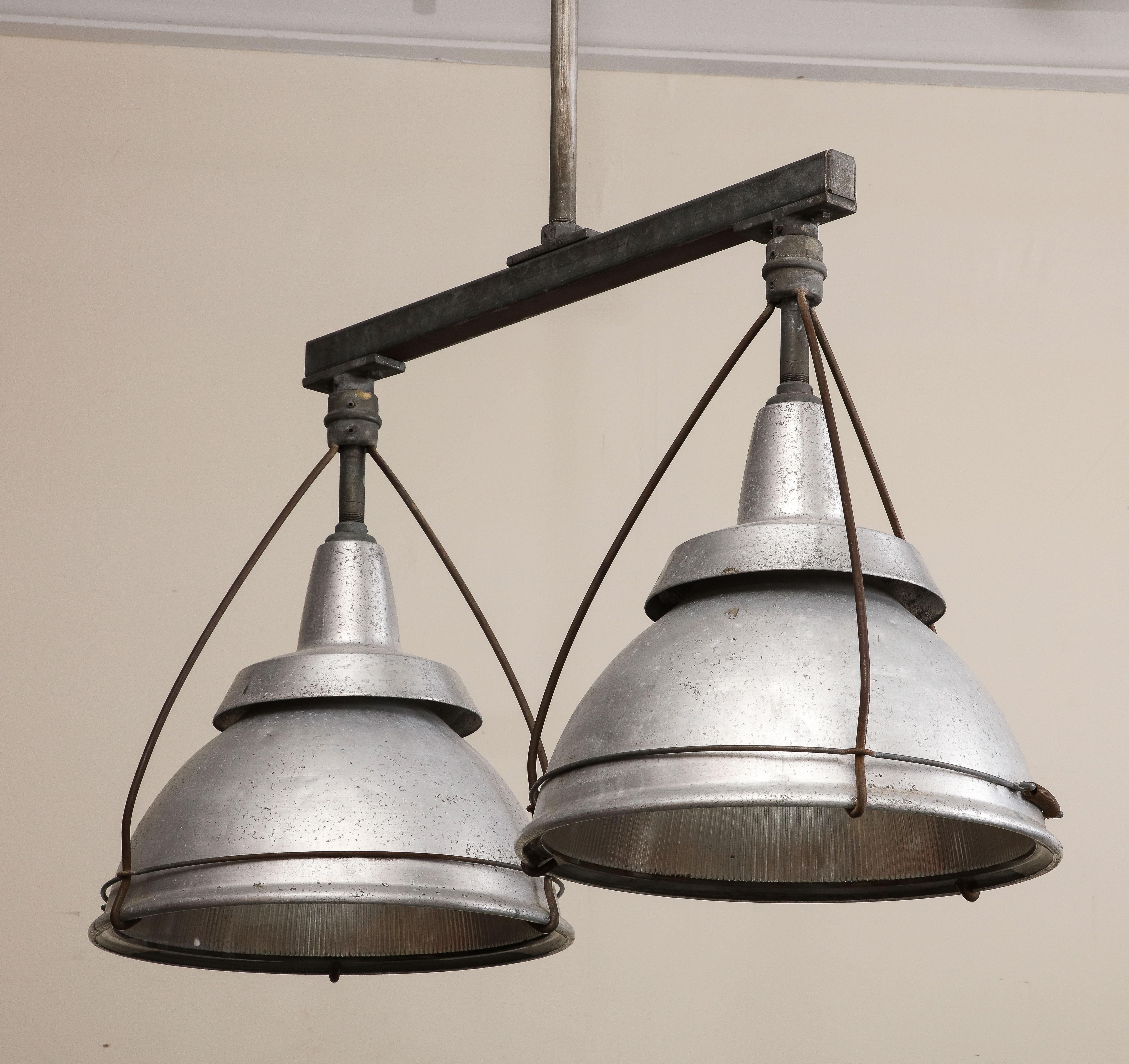 Large Ceiling-Mounted Industrial Double Pendant Light, C. 1920 For Sale 1