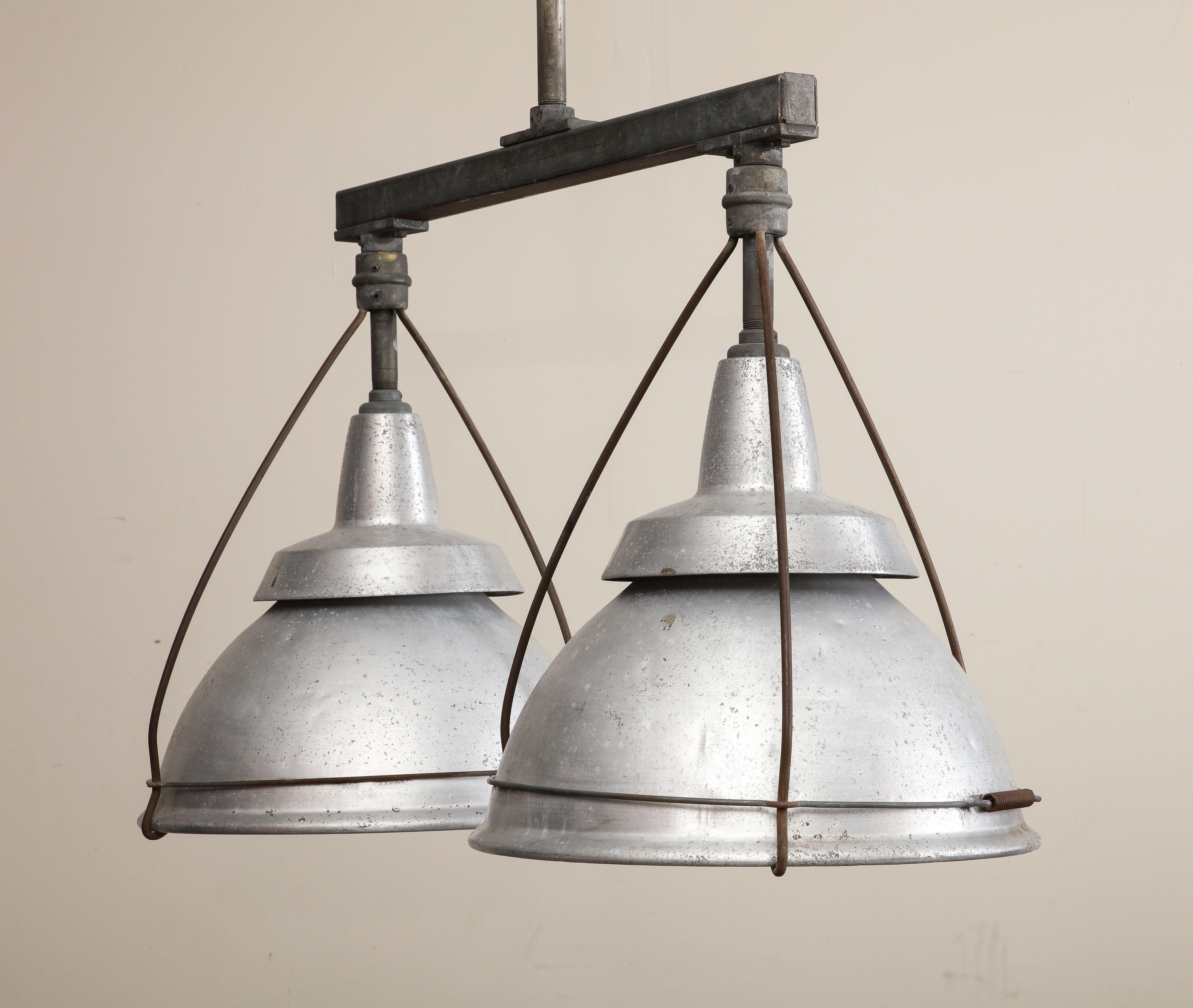 Large Ceiling-Mounted Industrial Double Pendant Light, C. 1920 For Sale 2