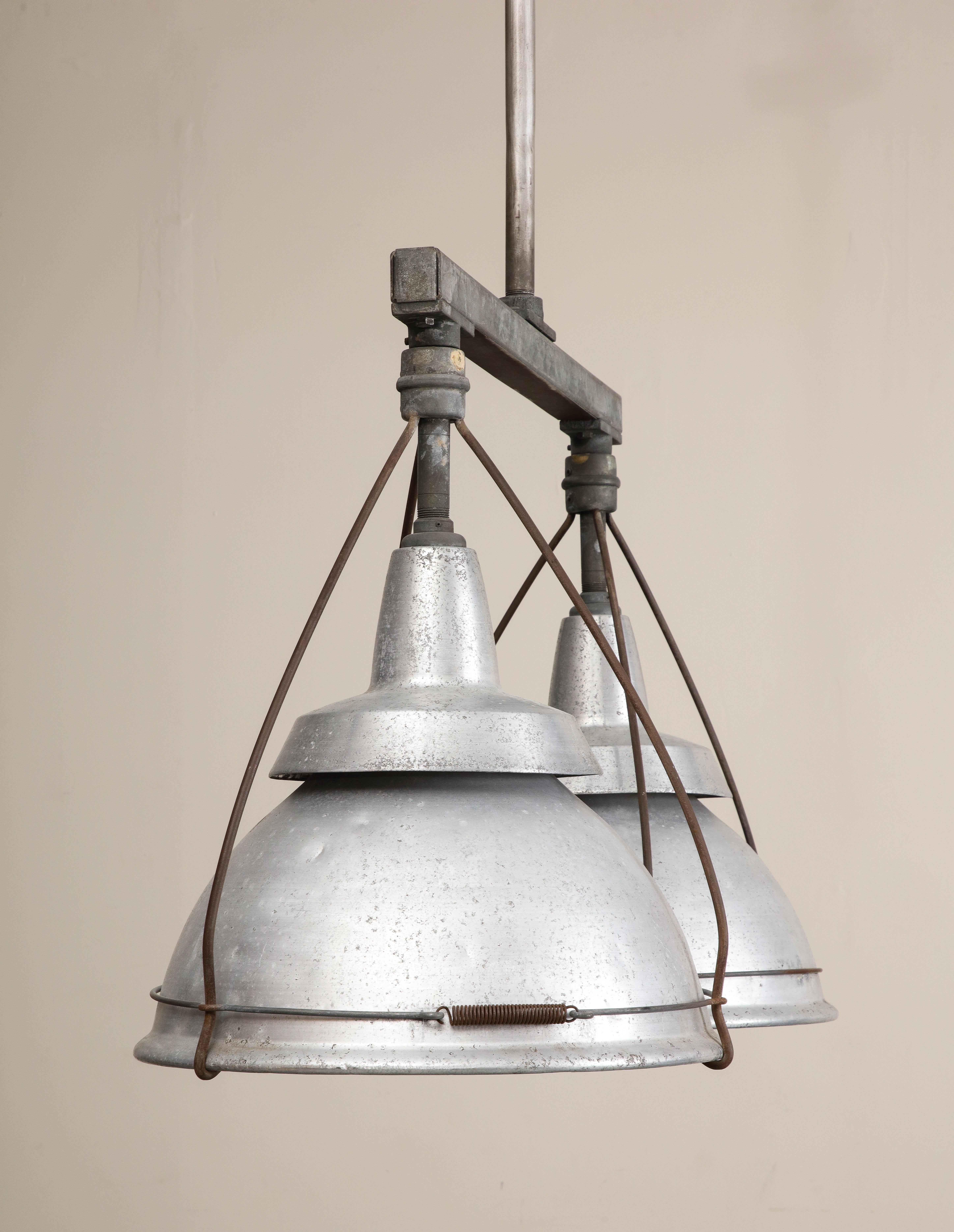 Large Ceiling-Mounted Industrial Double Pendant Light, C. 1920 For Sale 4