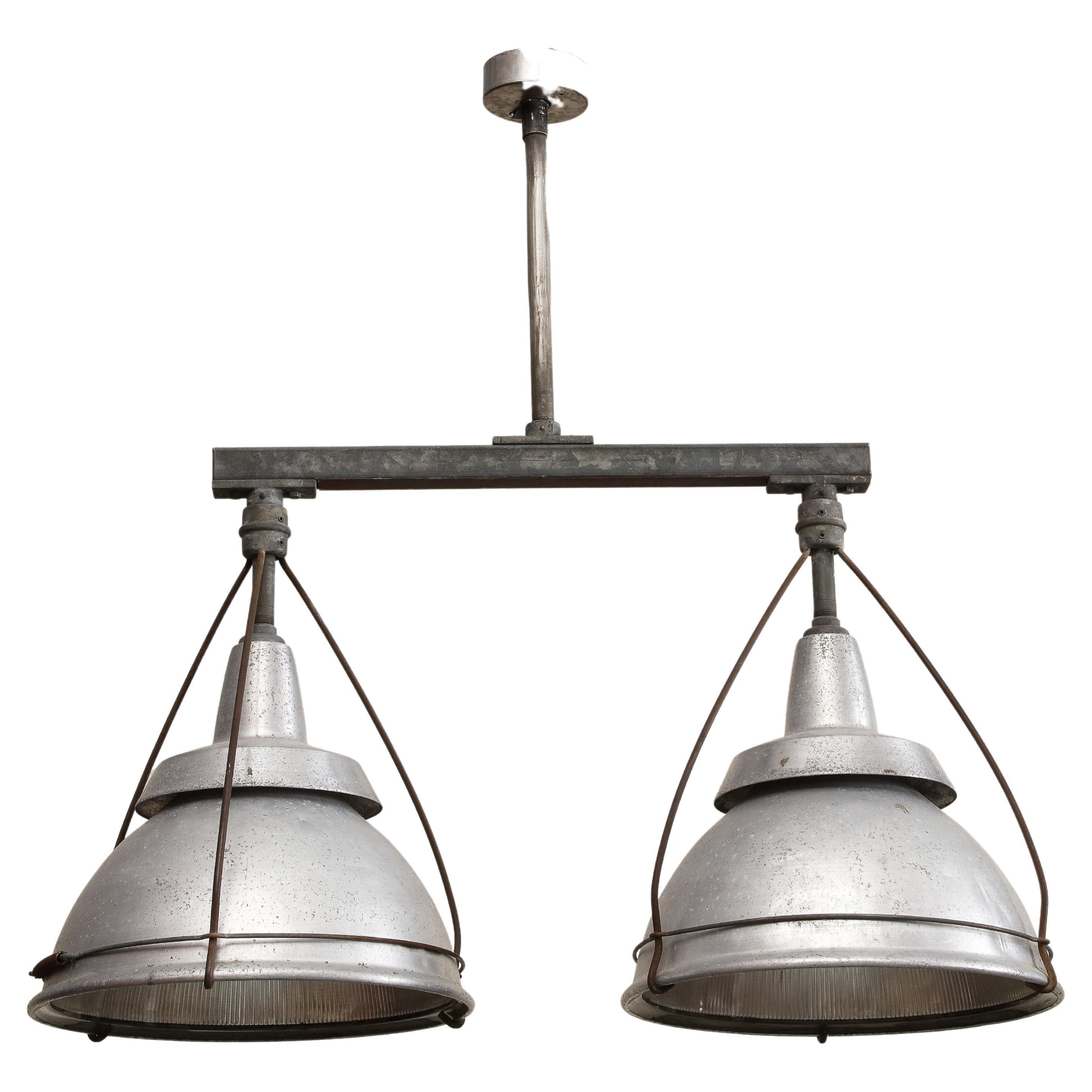 Large Ceiling-Mounted Industrial Double Pendant Light, C. 1920