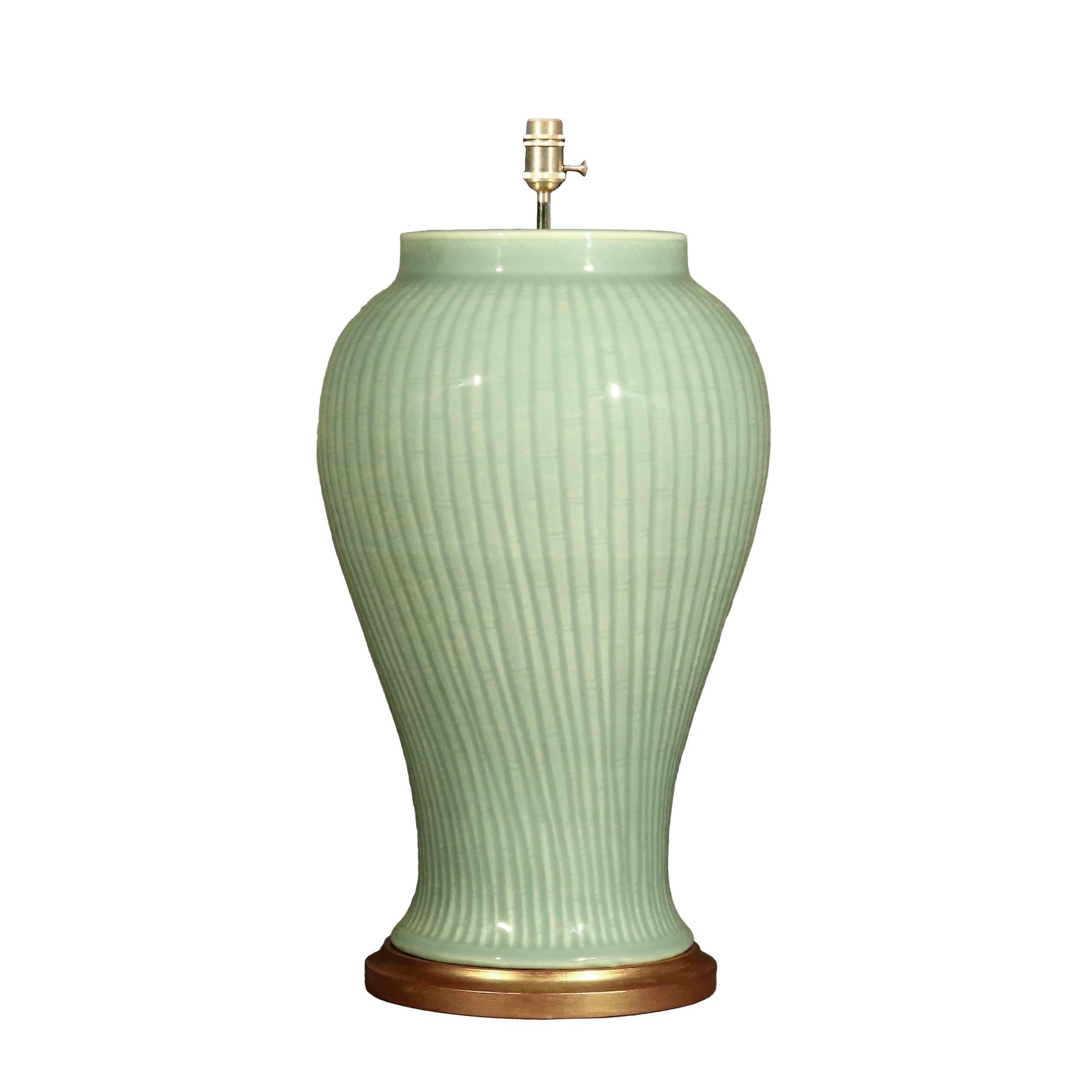 Large Celadon ‘Bamboo’ Table Lamp In Good Condition For Sale In Richmond, London