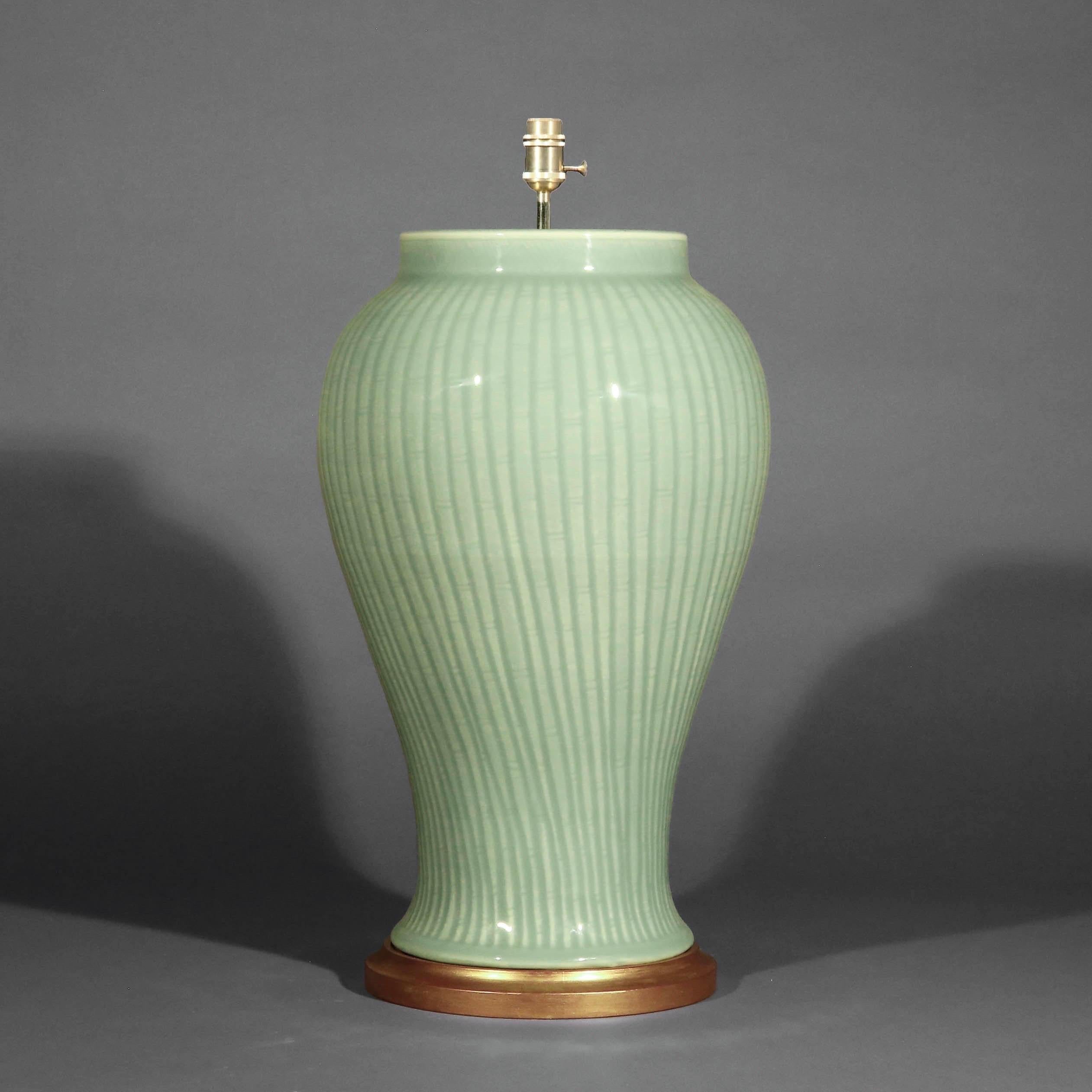 Large Celadon ‘Bamboo’ Table Lamp For Sale 2