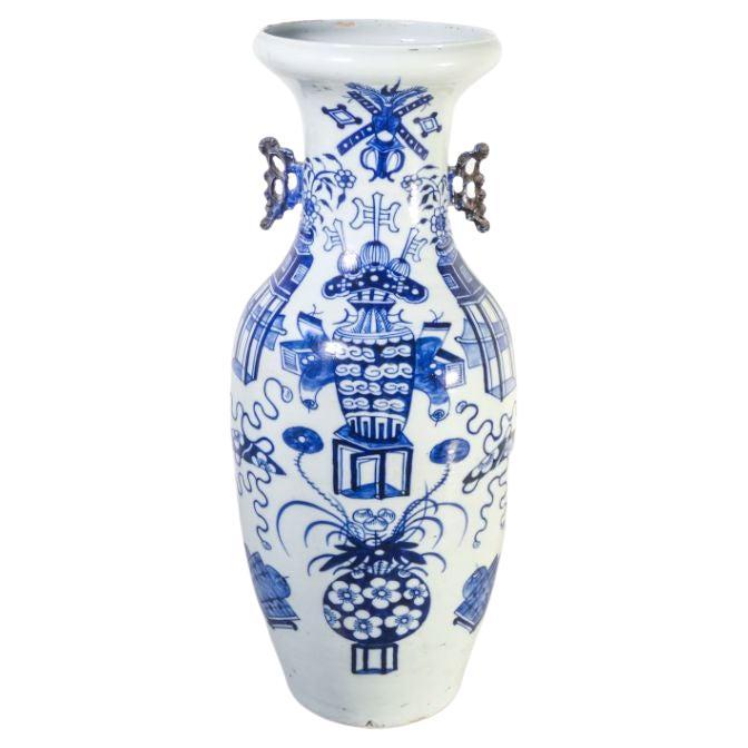 Large 19th Century Blue and White Porcelain Rouleau Vase at 1stDibs