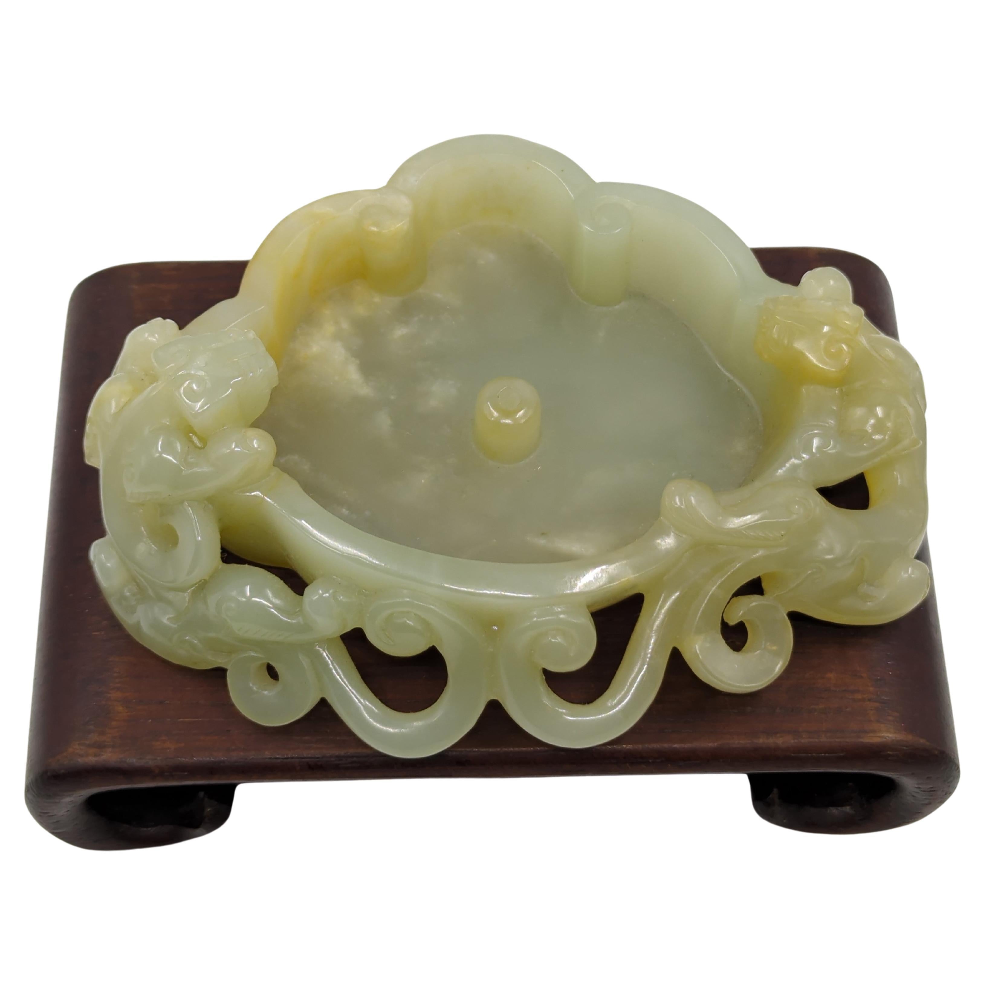 19th Century Large Antique Celadon Jade Ruyi Brush Wash Hand Carved Hydra Handles Qing 19c For Sale