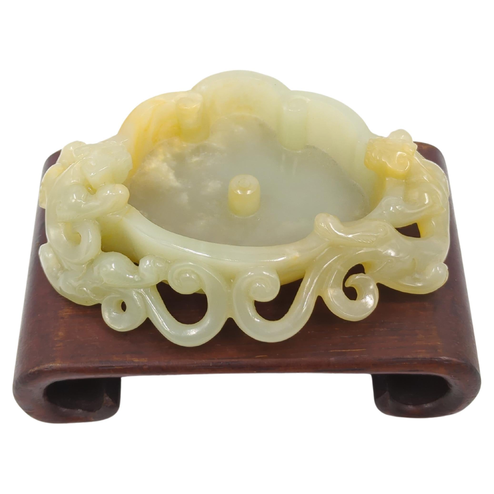 Large Antique Celadon Jade Ruyi Brush Wash Hand Carved Hydra Handles Qing 19c For Sale