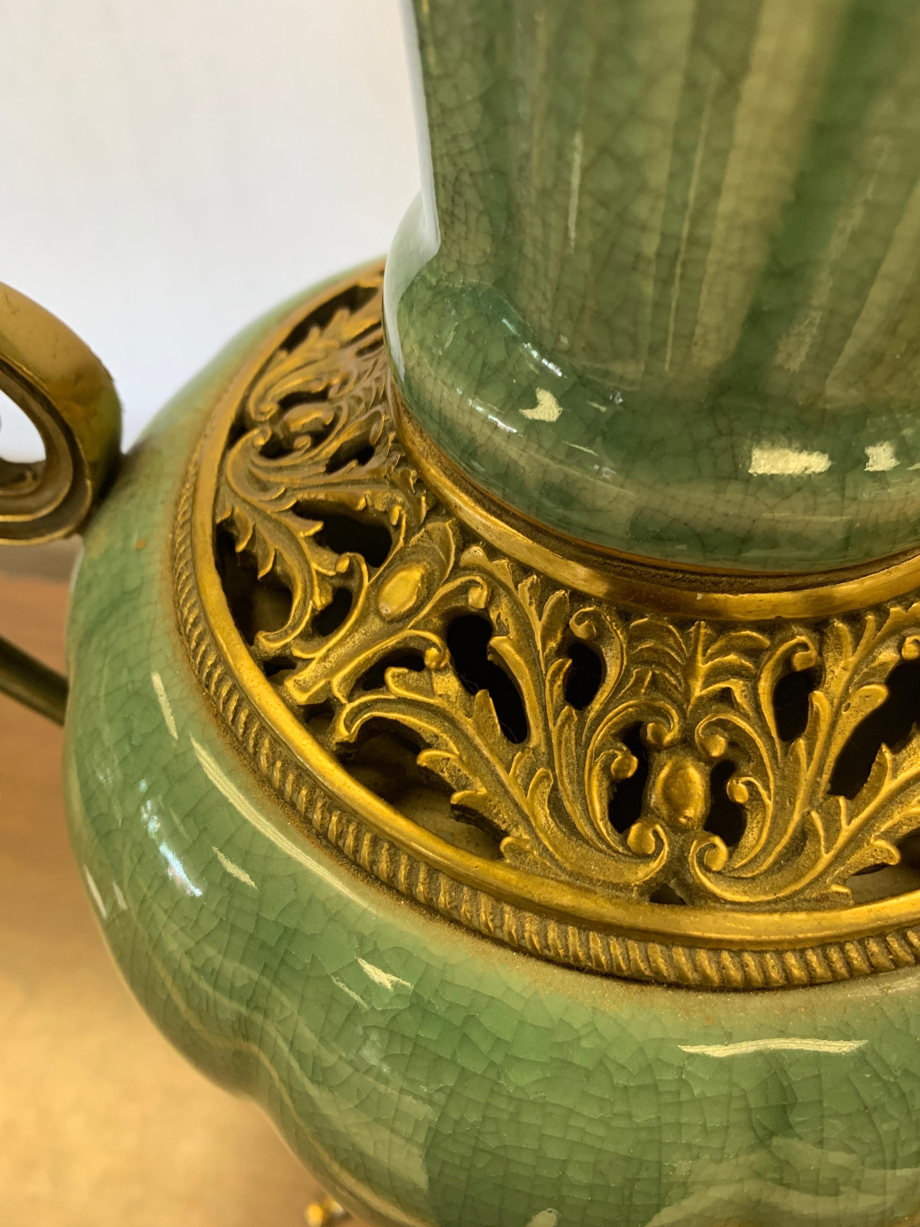 Large Celadon Porcelain Vase Urn Vessel with Brass Handles and Mounts 3