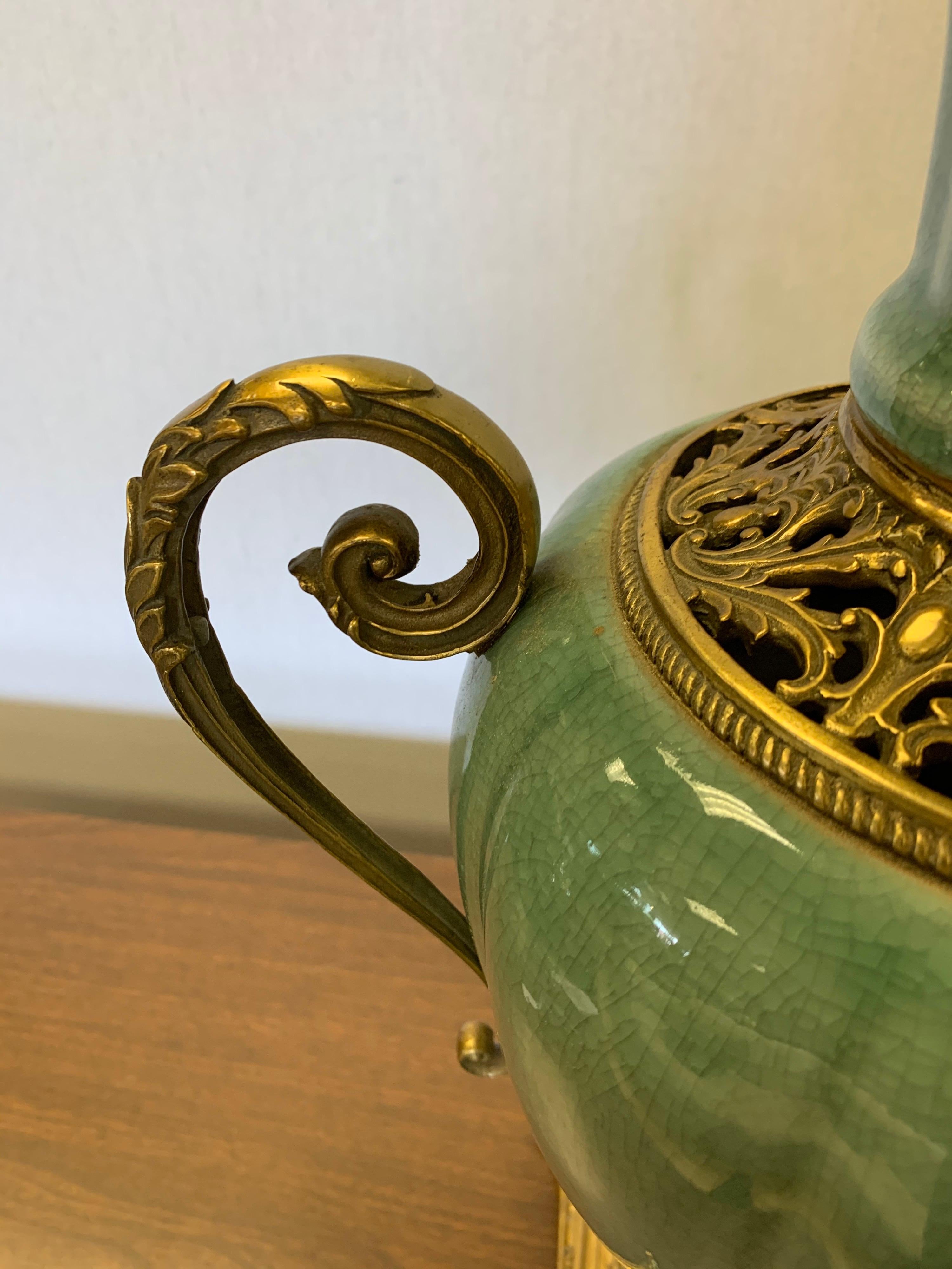 Large Celadon Porcelain Vase Urn Vessel with Brass Handles and Mounts In Good Condition In West Hartford, CT