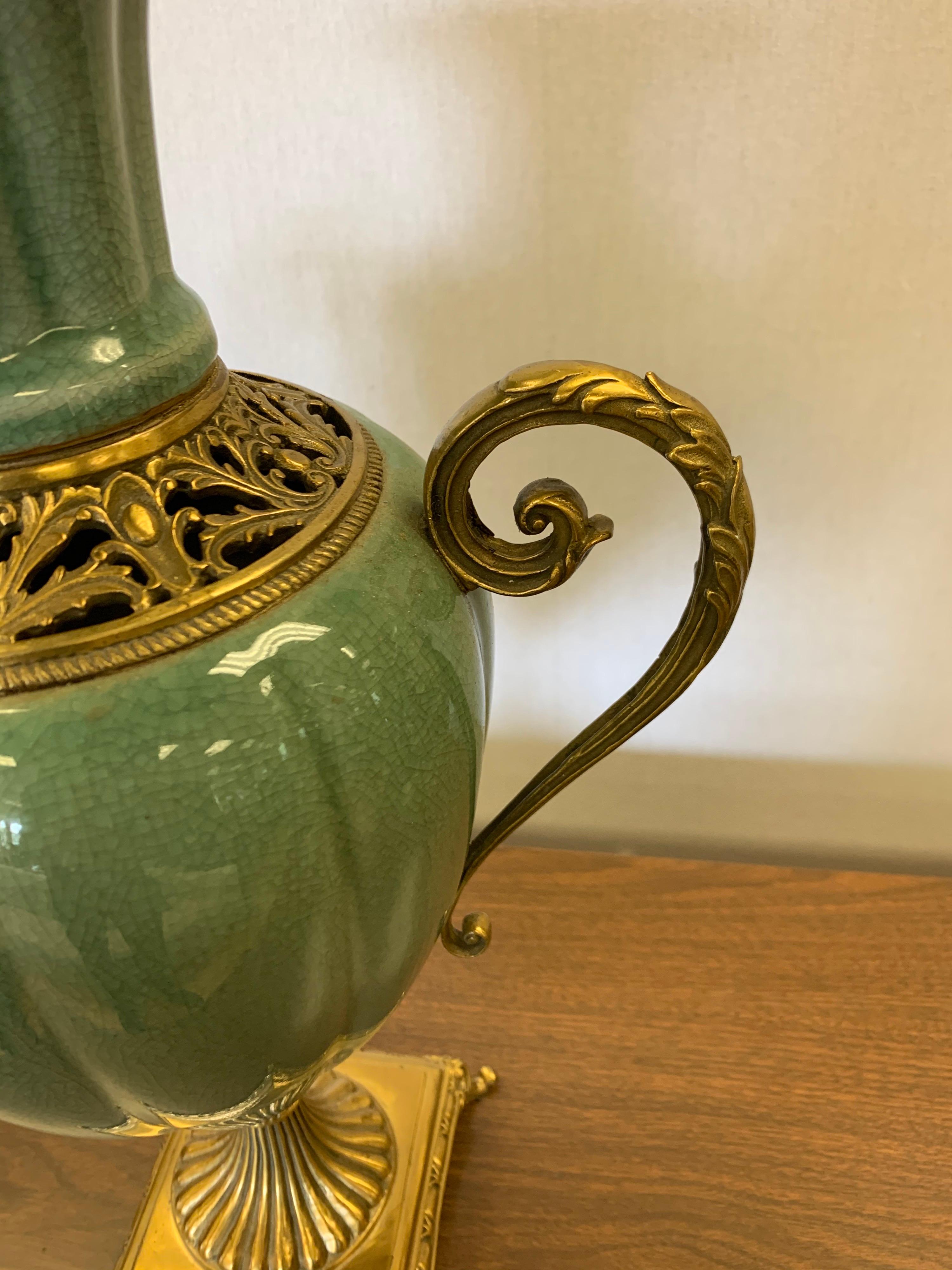 Large Celadon Porcelain Vase Urn Vessel with Brass Handles and Mounts 1