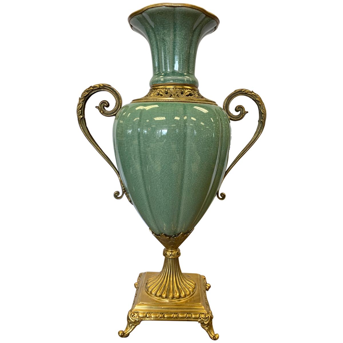 Large Celadon Porcelain Vase Urn Vessel with Brass Handles and Mounts
