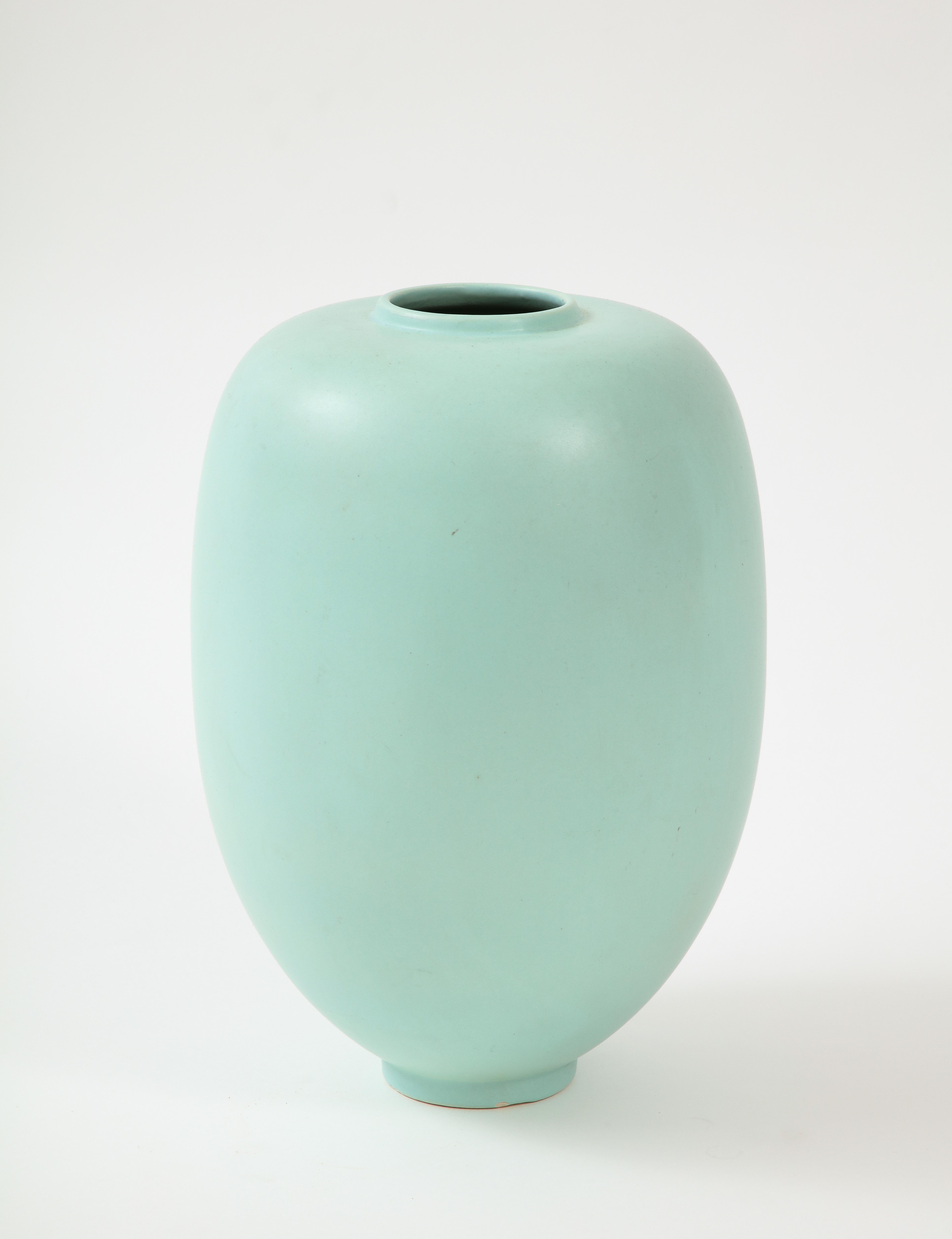 Large Celadon Saint Clément vase, France, c.1940, signed.
Ceramic porcelain.
Measures: height 14.5, diameter 9.5 in.