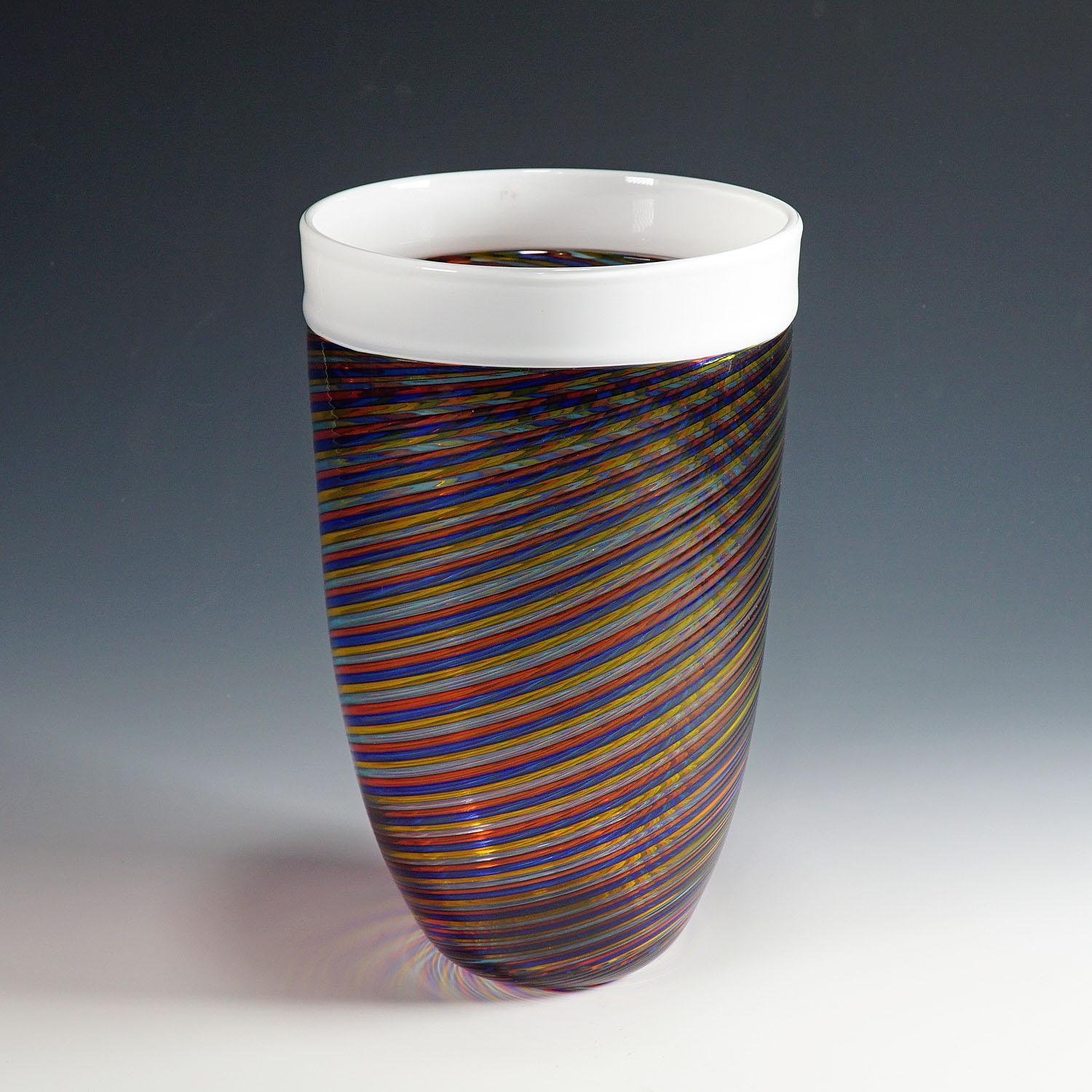 Mid-Century Modern Large Cenedese Filigrana Art Glass Vase with Multicoloured Bands For Sale