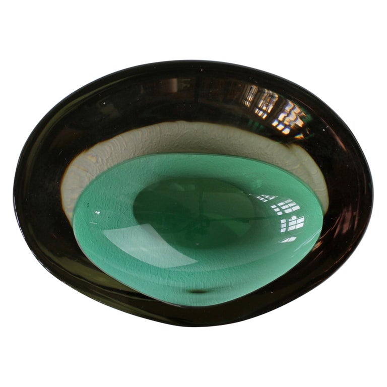 Large Cenedese Italian Asymmetric Green Sommerso Murano Glass Bowl Dish, Ashtray For Sale