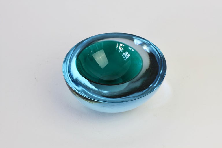 Large Cenedese Italian Blue & Green Sommerso Murano Glass Bowl, Dish or Ashtray 6