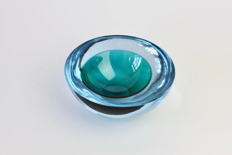 Large Cenedese Italian Blue & Green Sommerso Murano Glass Bowl, Dish or Ashtray 8