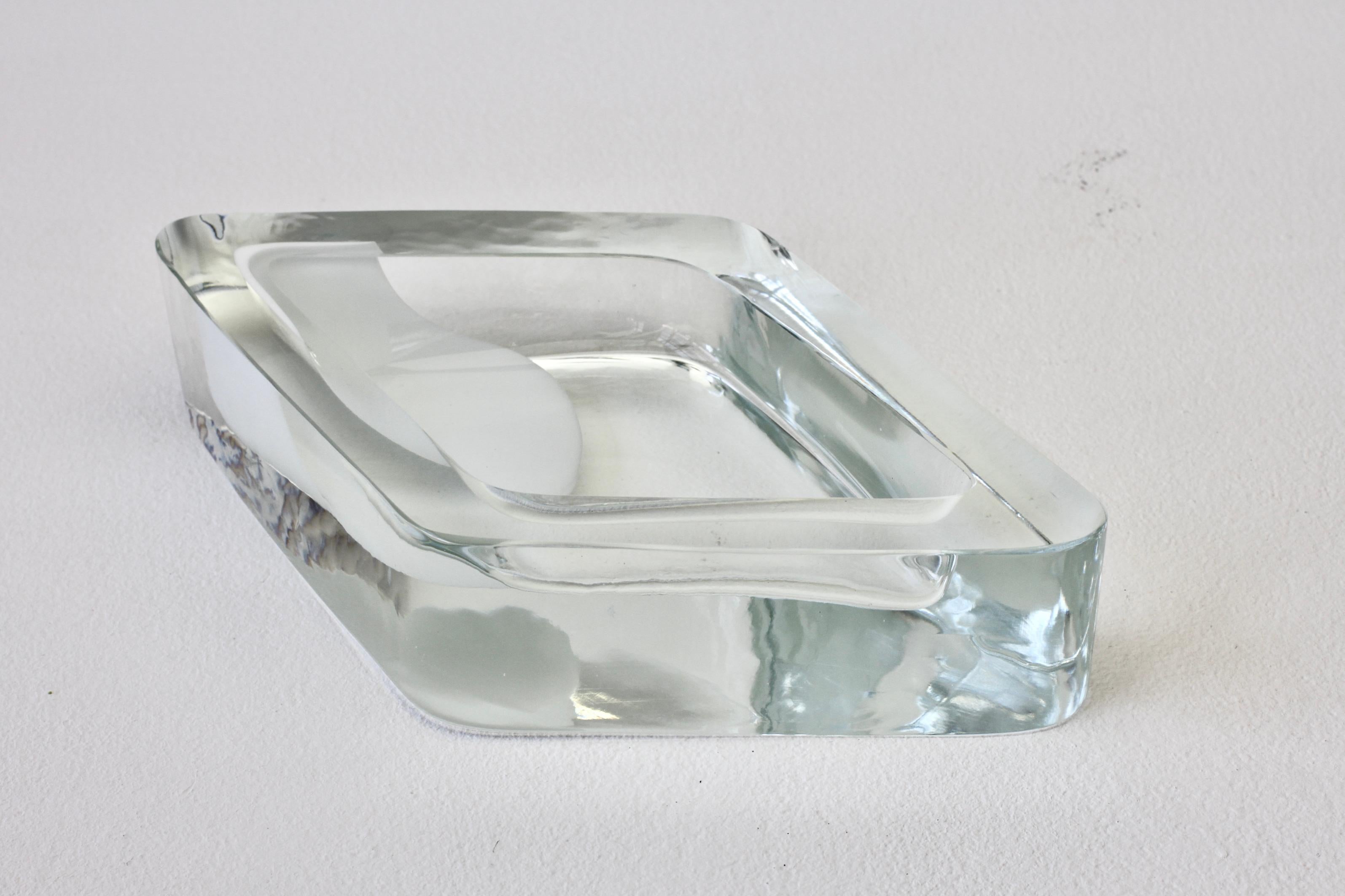 Blown Glass Large Cenedese Italian Rhombus White and Clear Murano Glass Bowl, Dish, Ashtray For Sale