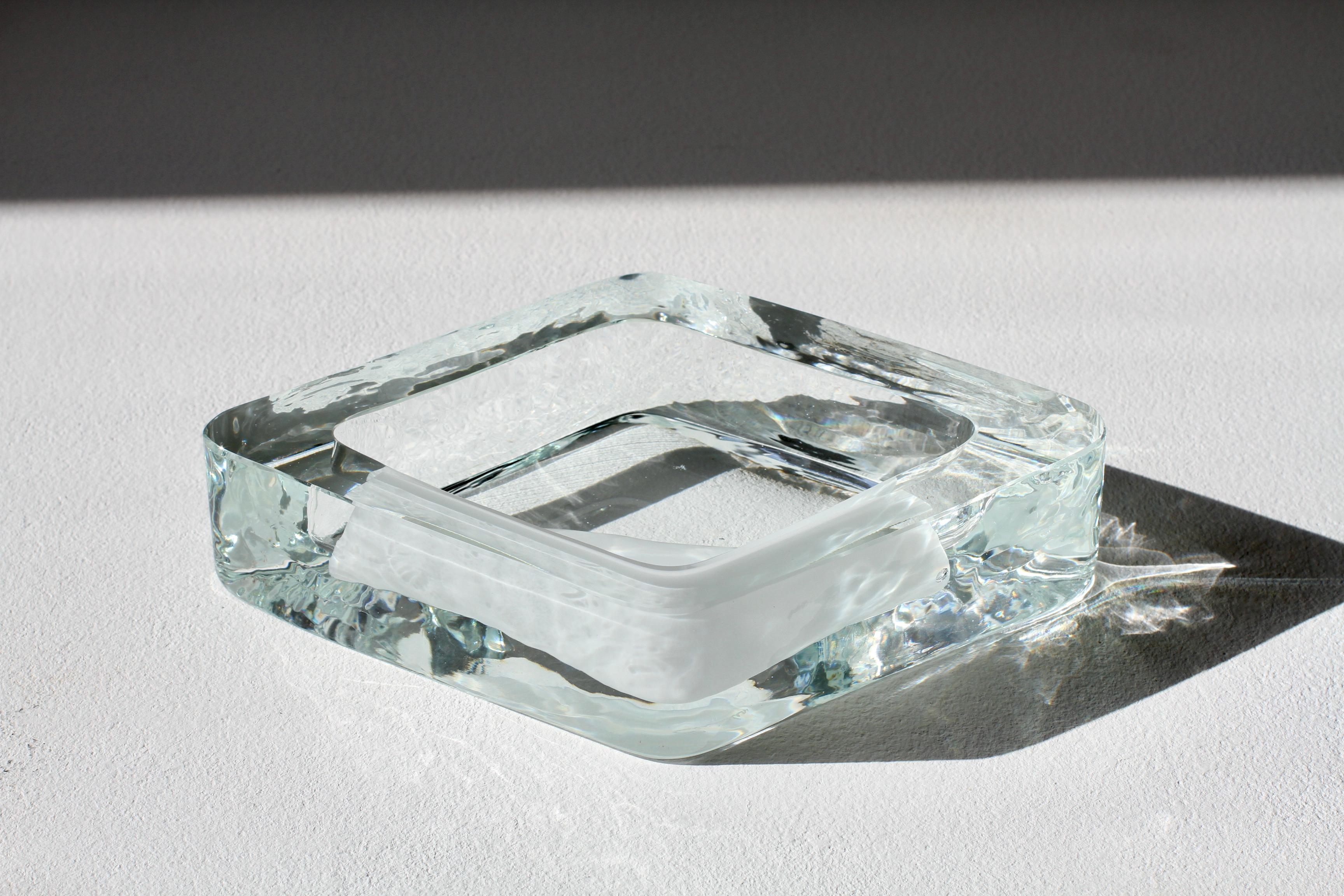 Blown Glass Large Cenedese Italian Rhombus White and Clear Murano Glass Bowl, Dish, Ashtray For Sale