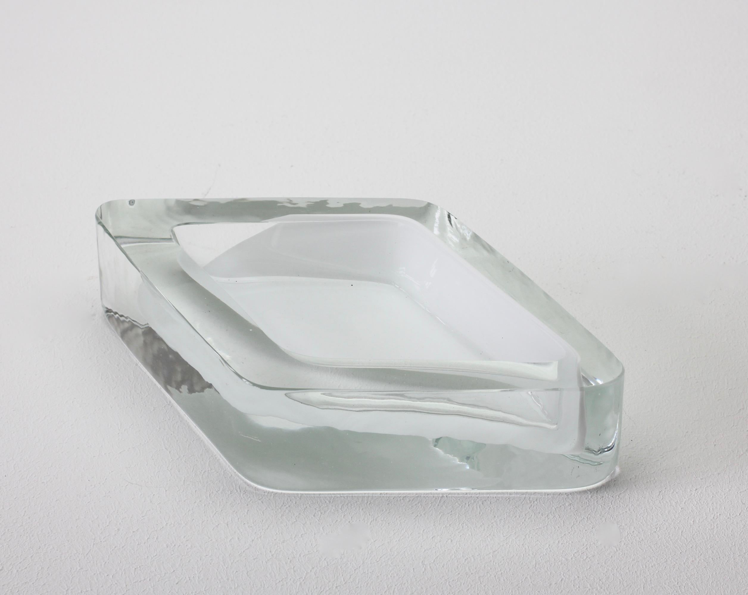 Large Cenedese Italian Rhombus White and Clear Murano Glass Bowl, Dish, Ashtray 6