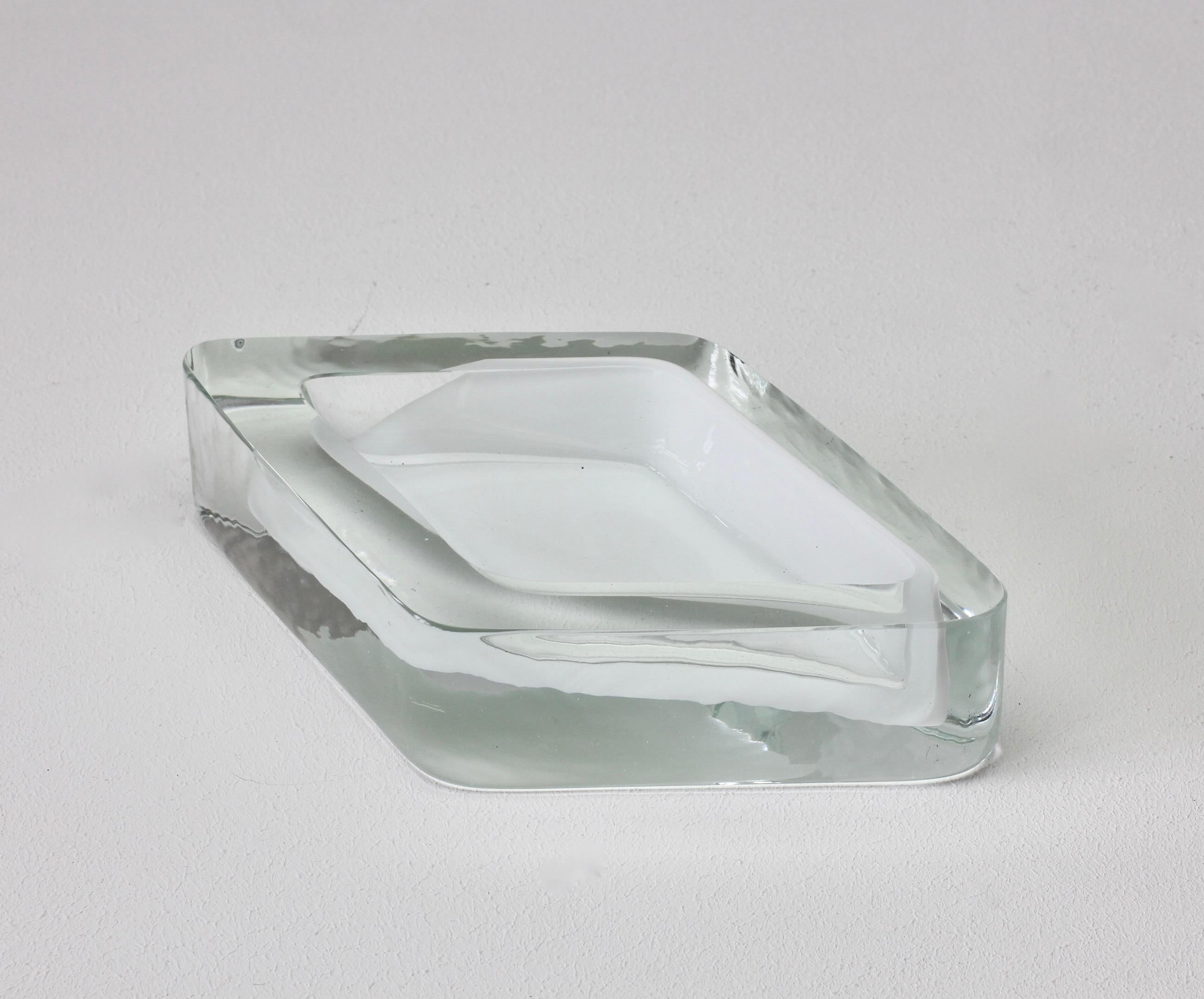 Large Cenedese Italian Rhombus White and Clear Murano Glass Bowl, Dish, Ashtray 7