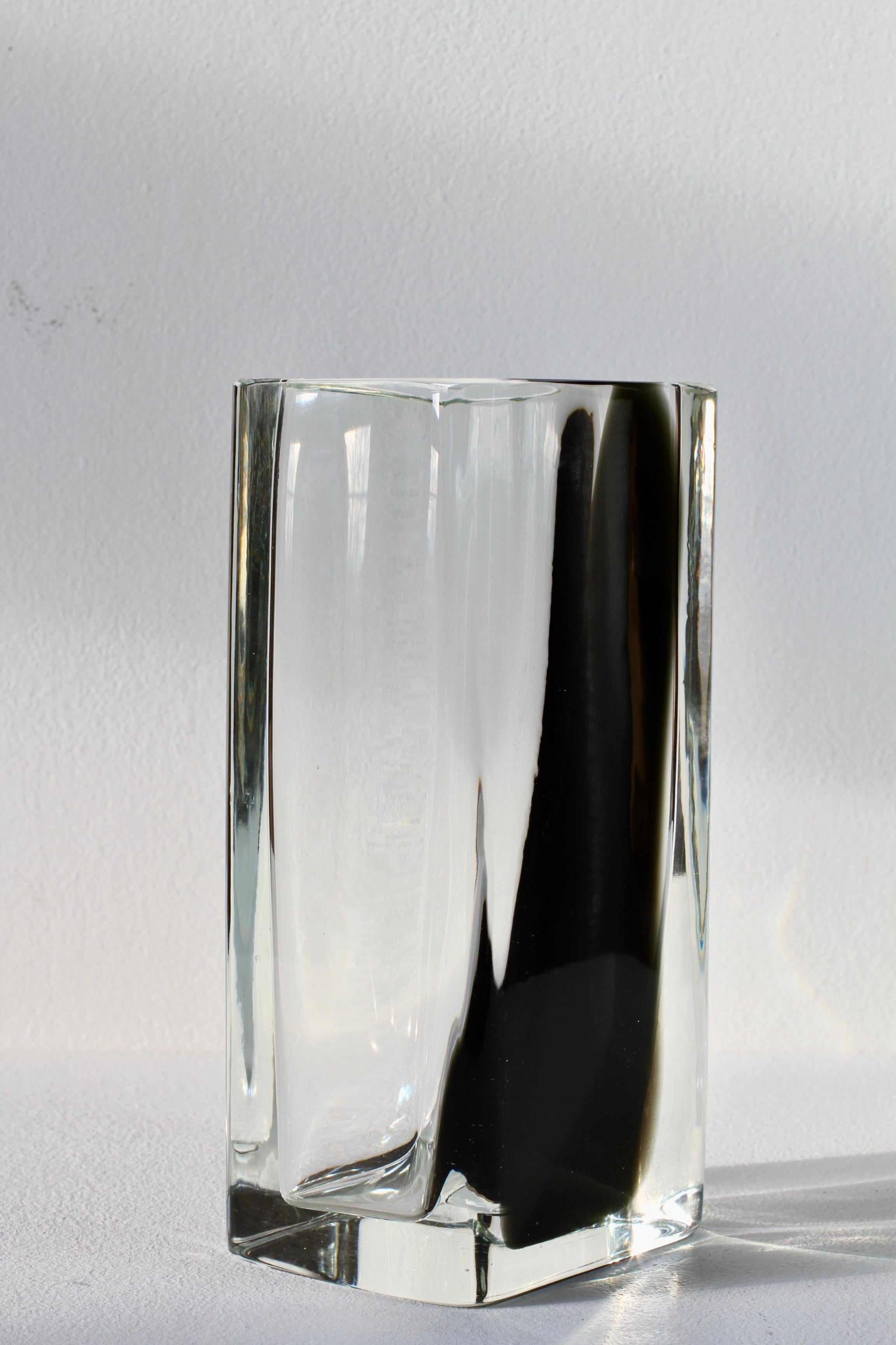 Large Cenedese Italian Square Black & Clear Murano Glass Vase For Sale 6