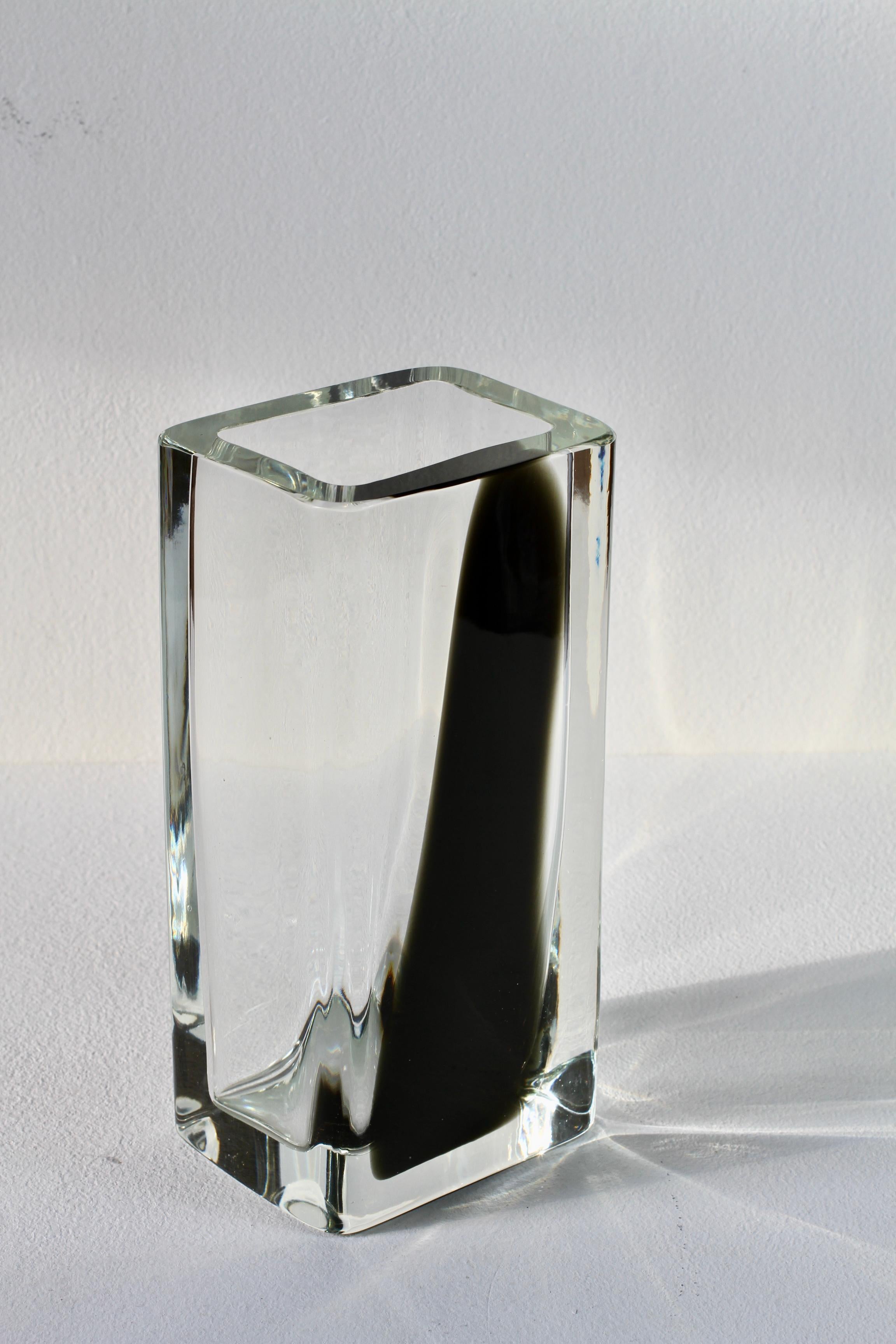Large Cenedese Italian Square Black & Clear Murano Glass Vase For Sale 8
