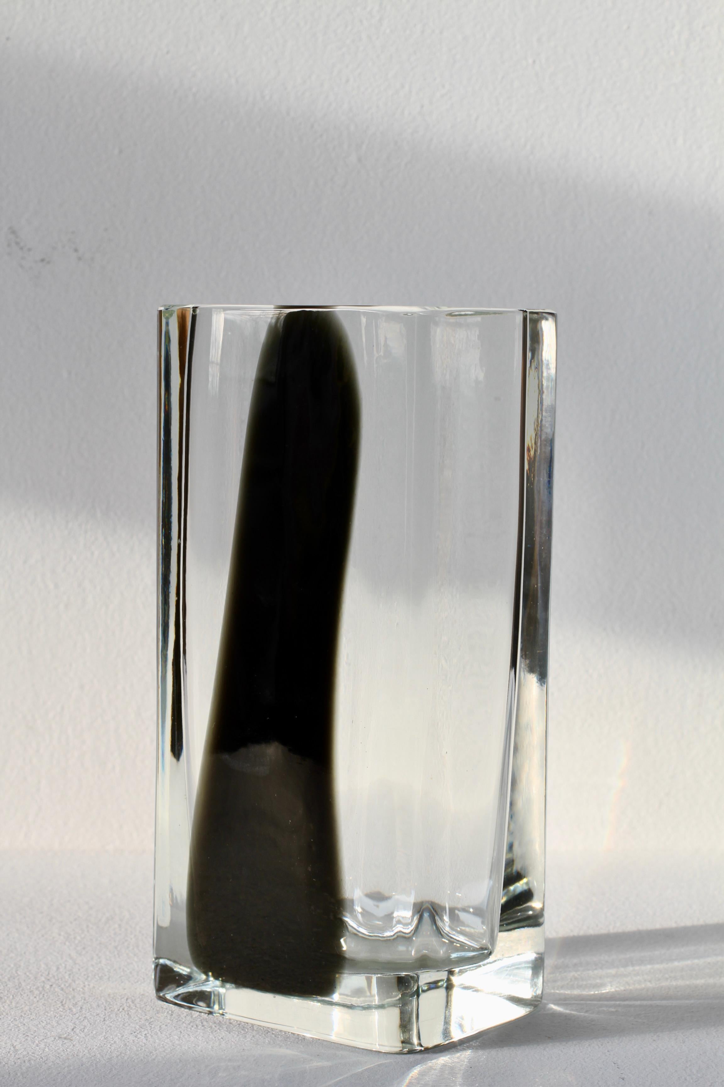 Mid-Century Modern Large Cenedese Italian Square Black & Clear Murano Glass Vase For Sale