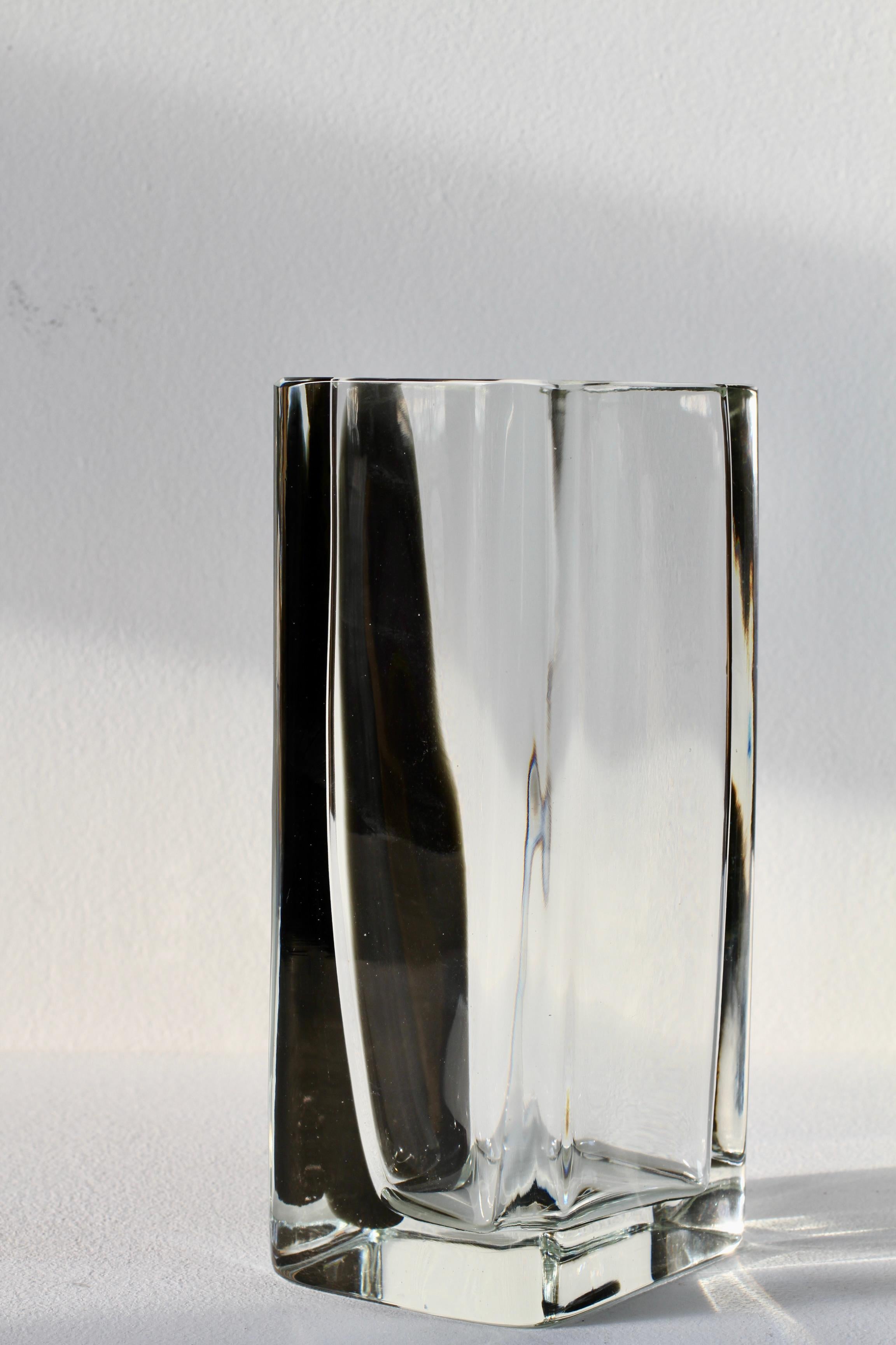 Blown Glass Large Cenedese Italian Square Black & Clear Murano Glass Vase For Sale