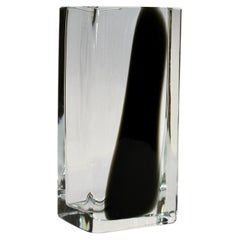 Large Cenedese Italian Square Black & Clear Murano Glass Vase