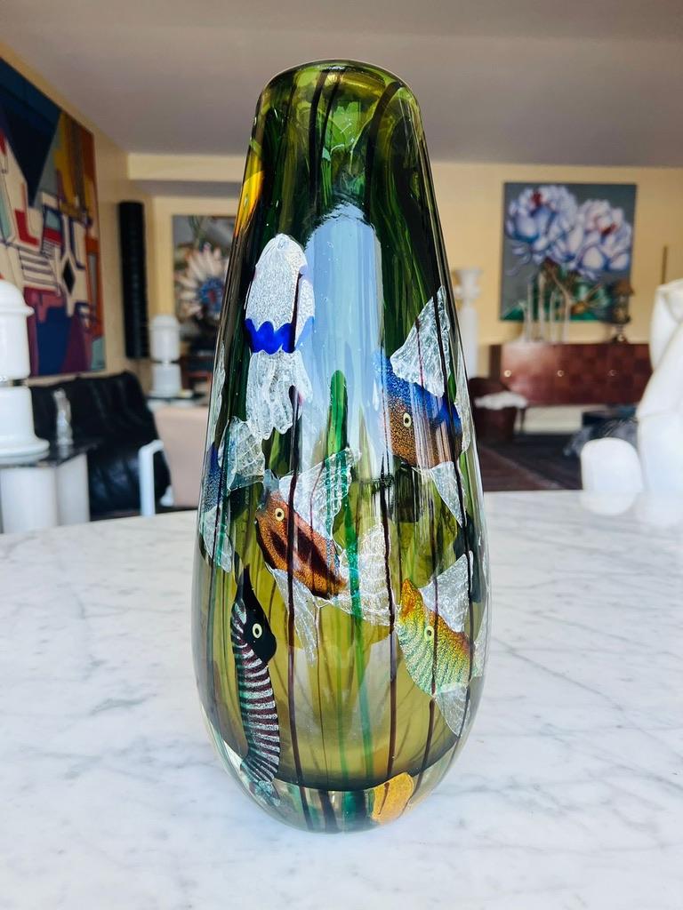 Italian Large Cenedese Murano glass multicolor vase with marine animals circa 1950. For Sale