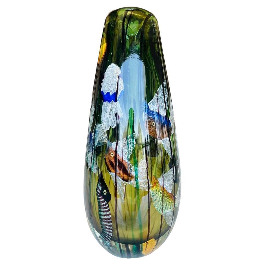 Large Cenedese Murano glass multicolor vase with marine animals circa 1950.