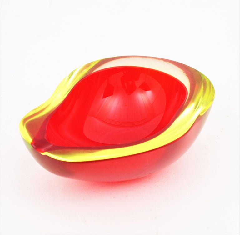 Italian Large Cenedese Murano Red Sommerso Glass Geode Bowl Ashtray, Signed For Sale