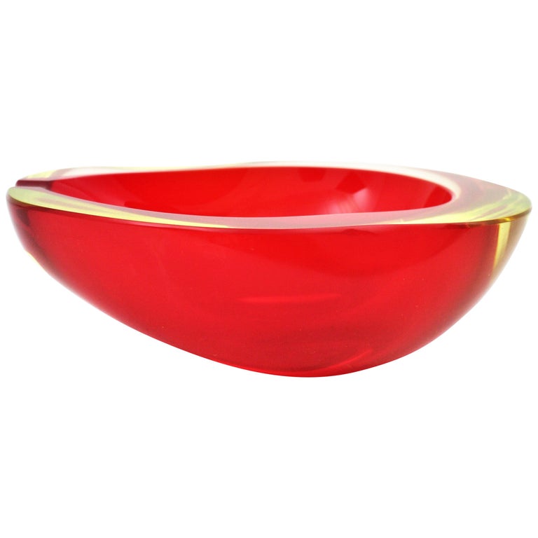 Large Cenedese Murano Red Sommerso Glass Geode Bowl Ashtray, Signed For Sale