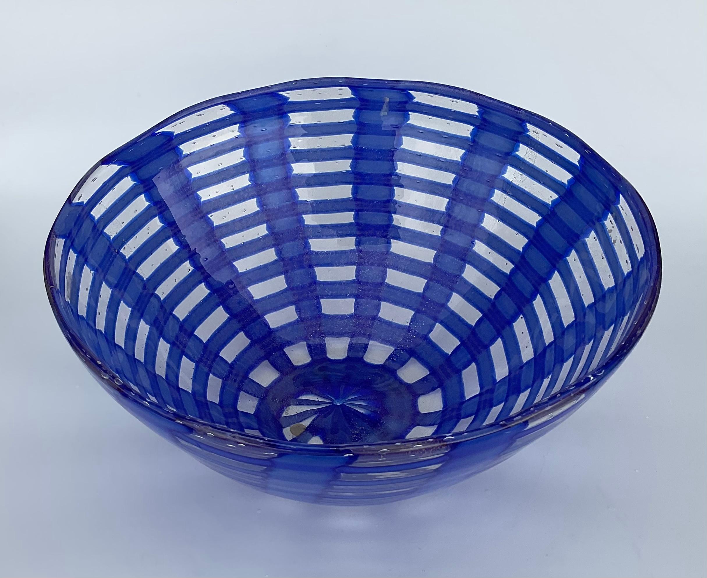 Large Cenedese Murano Signed art glass bowl in swags of blue with gold dust And controlled bubbles. Engraved Signature as shown on the bottom.