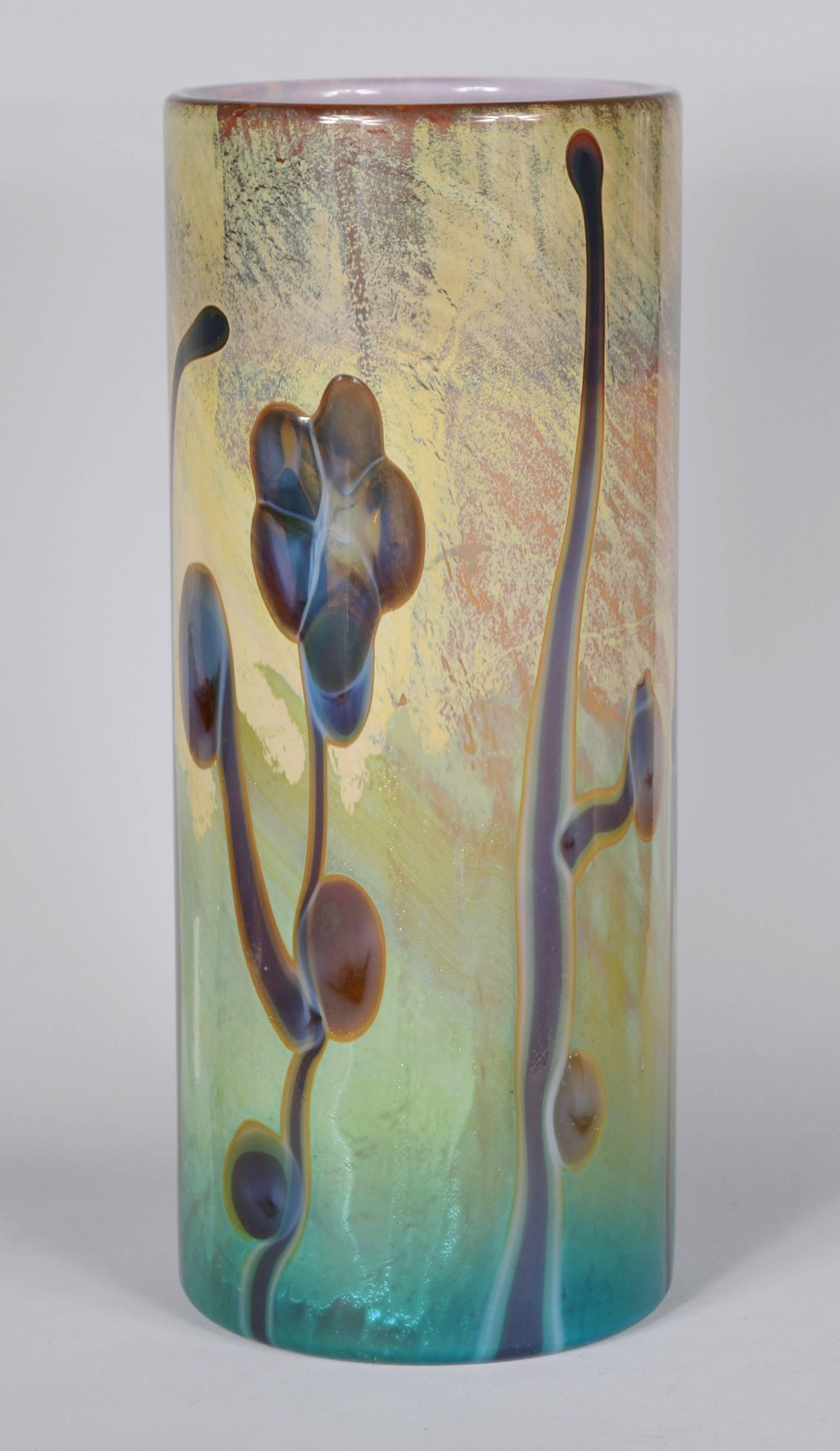 Cylindrical vase with an abstract floral motif by Cenedese. This has a painterly quality. The vase is numbered 26 out of an edition of 250.