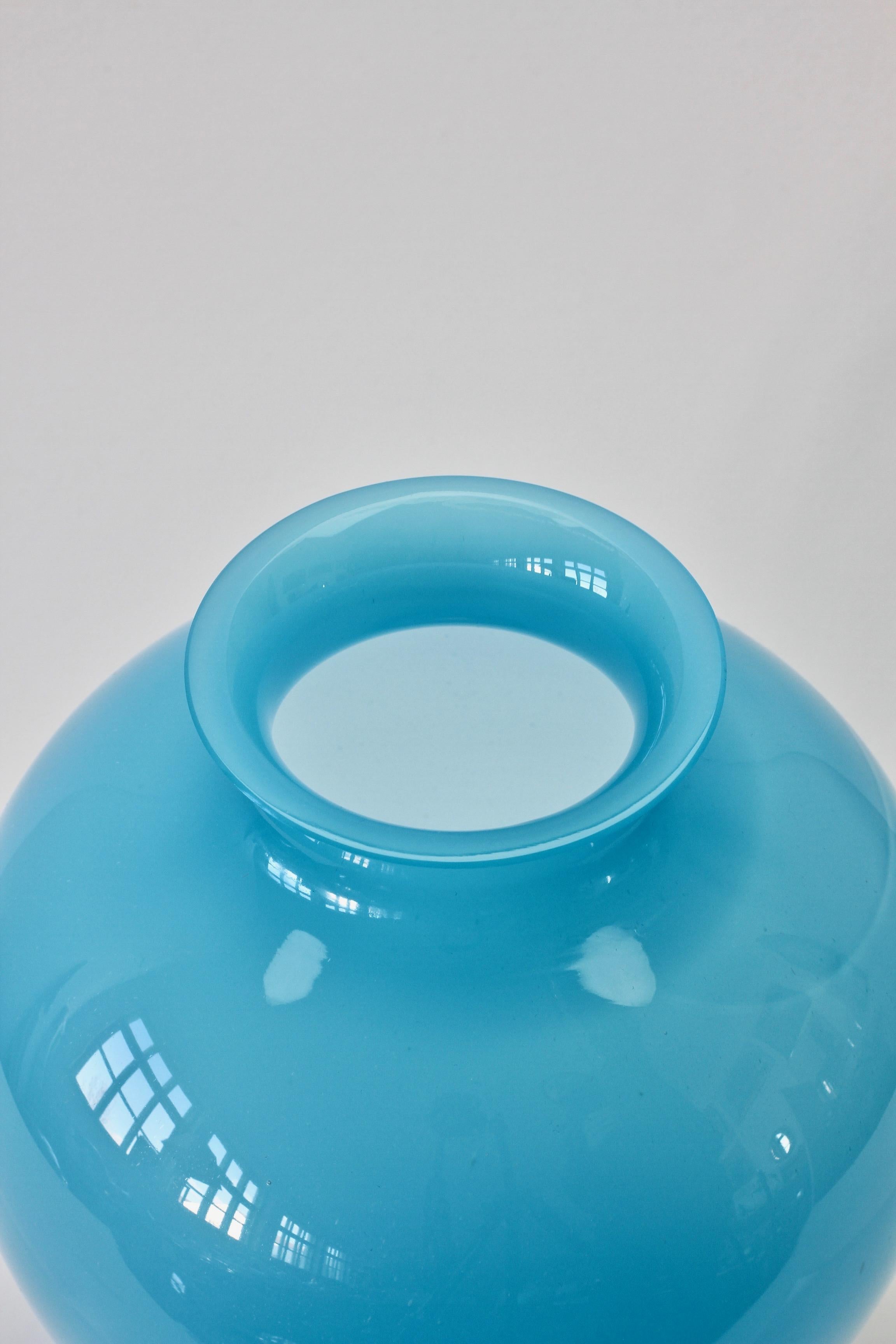 Large Cenedese Vintage Midcentury Opaline Blue Italian Round Murano Glass Vase For Sale 2