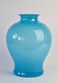 Large Cenedese Vintage Midcentury Opaline Blue Italian Round Murano Glass Vase