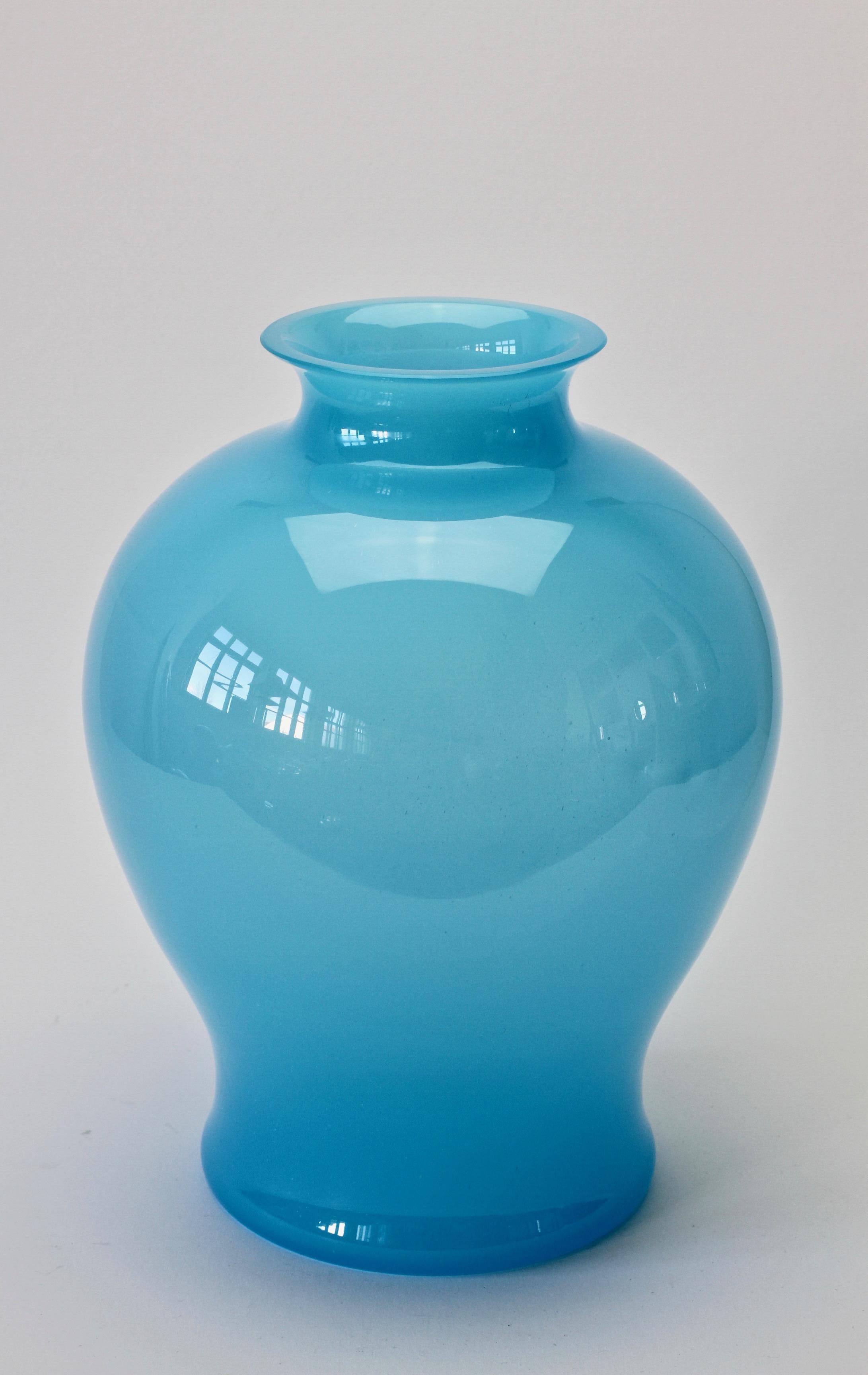 Mid-Century Modern Large Cenedese Vintage Midcentury Opaline Blue Italian Round Murano Glass Vase For Sale