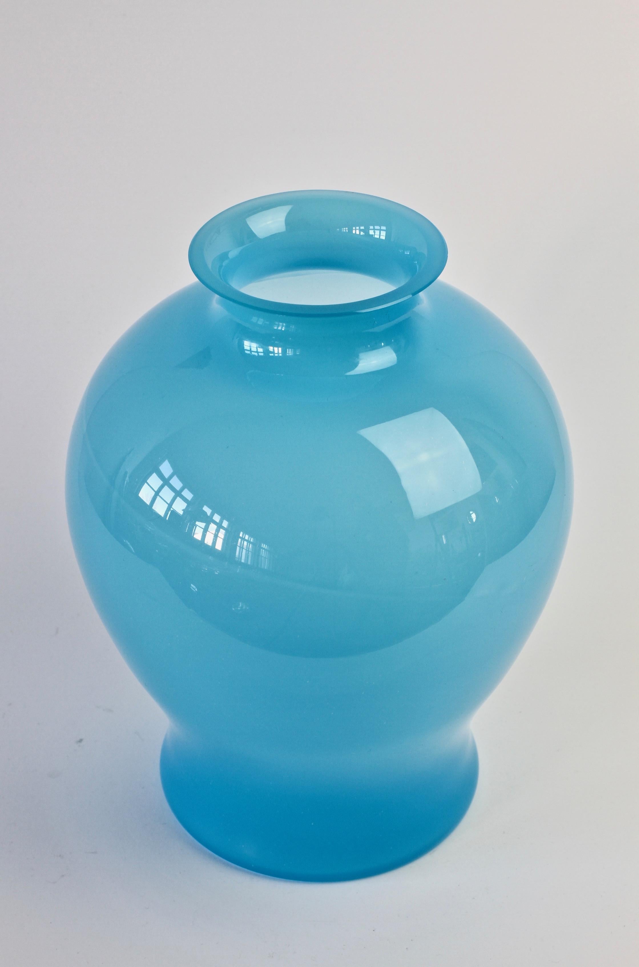 Blown Glass Large Cenedese Vintage Midcentury Opaline Blue Italian Round Murano Glass Vase For Sale