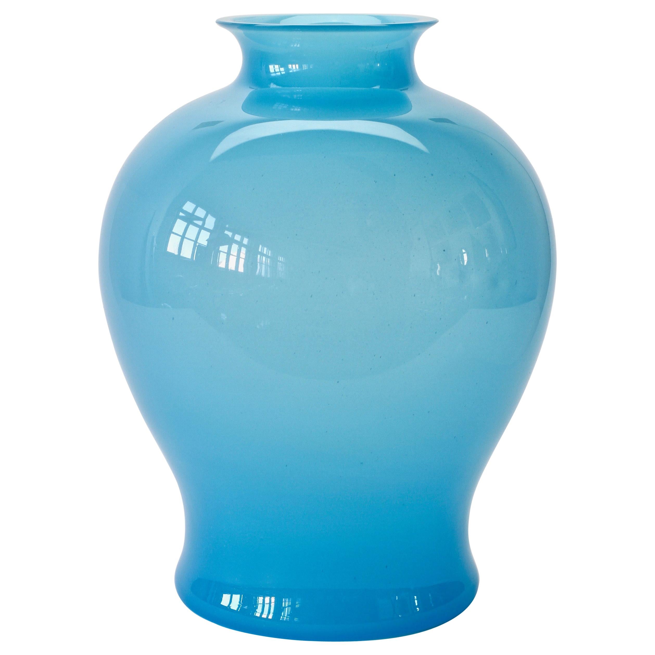 Large Cenedese Vintage Midcentury Opaline Blue Italian Round Murano Glass Vase