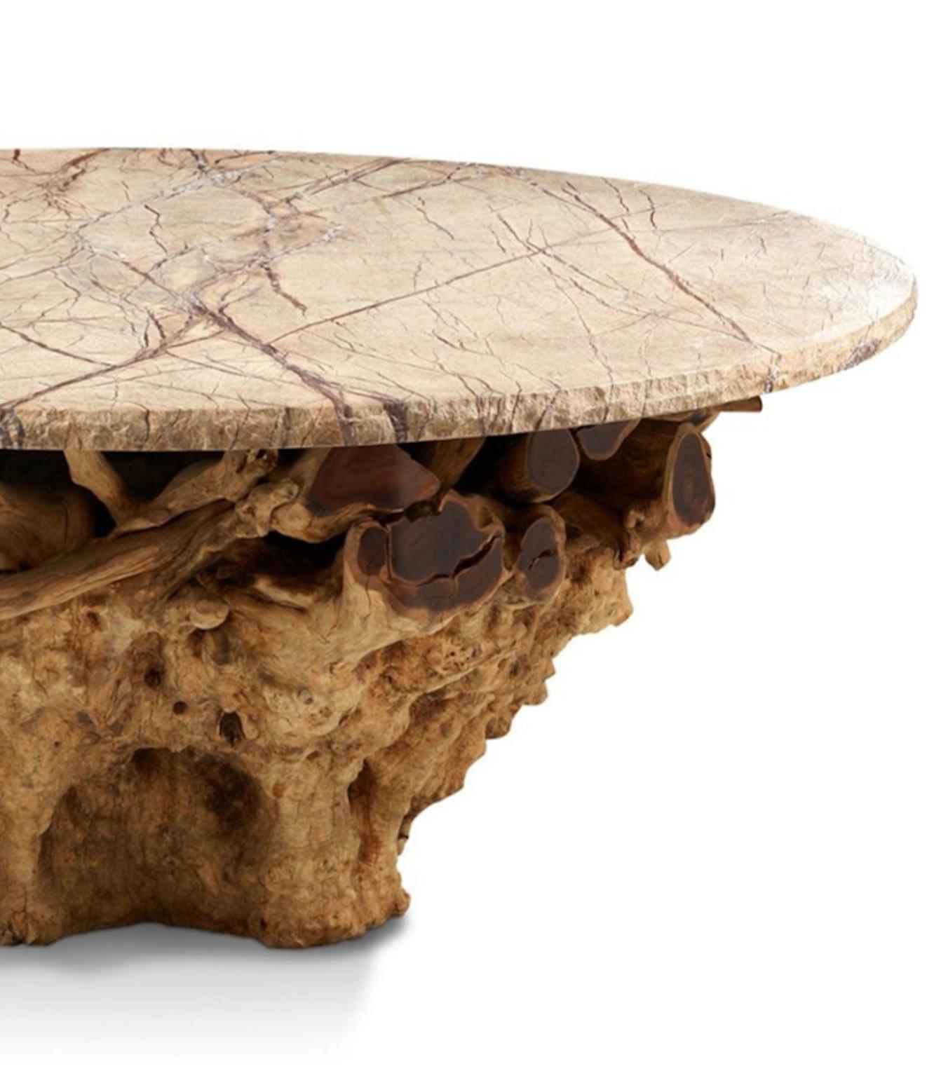 GRANDE TABLE CENTRALE TRANCHE DE BOI AVEC PLATEAU EN MARBRE BRUN FORREST. 
BASE : TRONC D'AULNE AVEC ÉTAGÈRE DE RACINES.
FORREST MARBLE SPLIT BROWN
DIMENSION : DIAMÈTRE CM. 190 x 82