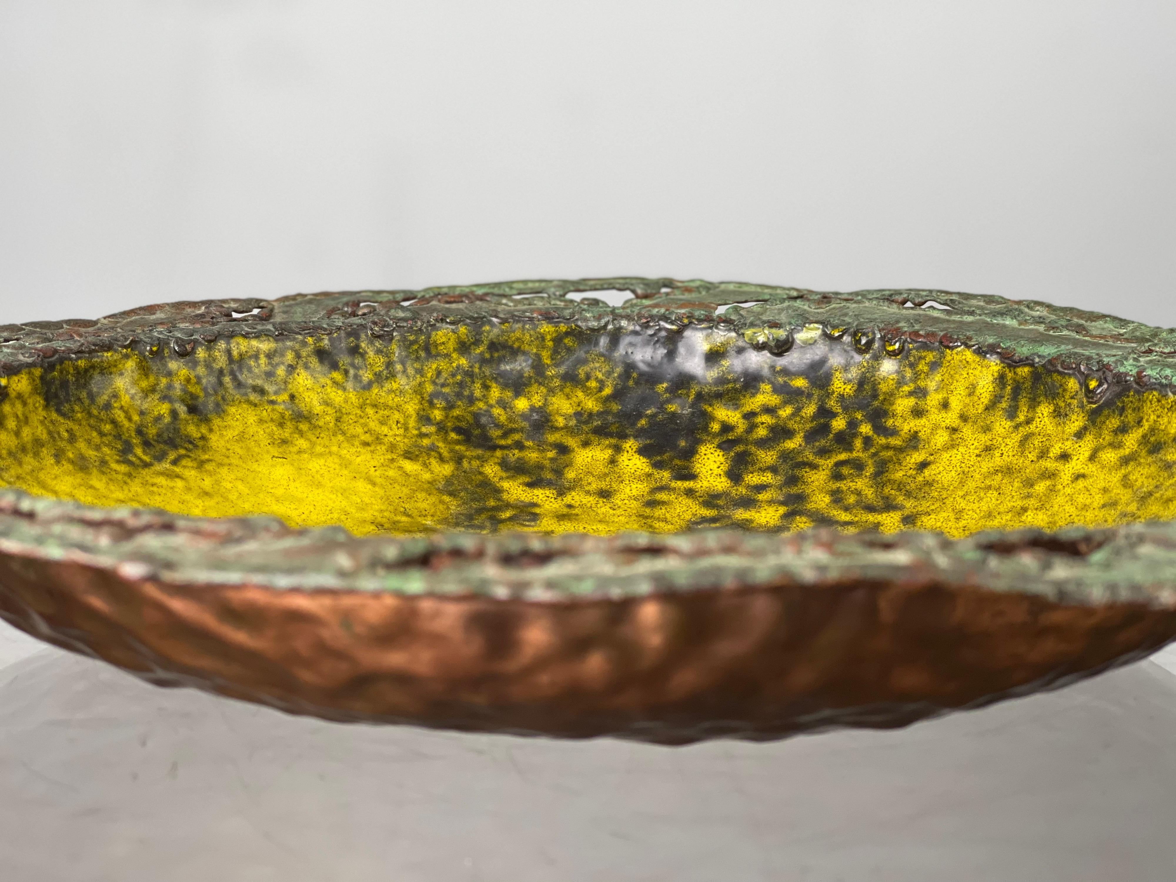 Large Mid Century Bowl in Yellow Enamel on Hammered Copper by Marcelo Fantoni 4
