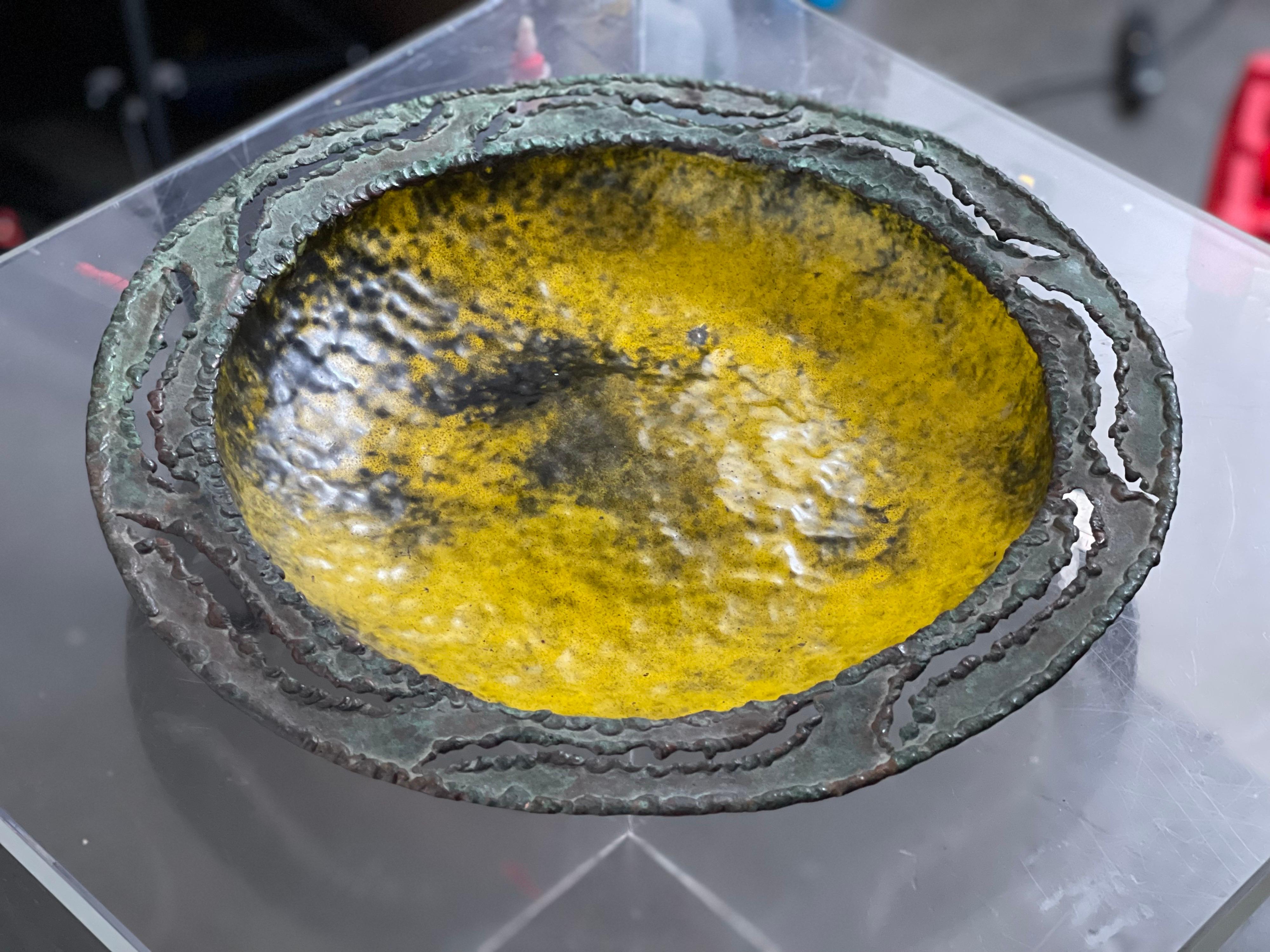 Large Mid Century Bowl in Yellow Enamel on Hammered Copper by Marcelo Fantoni 5