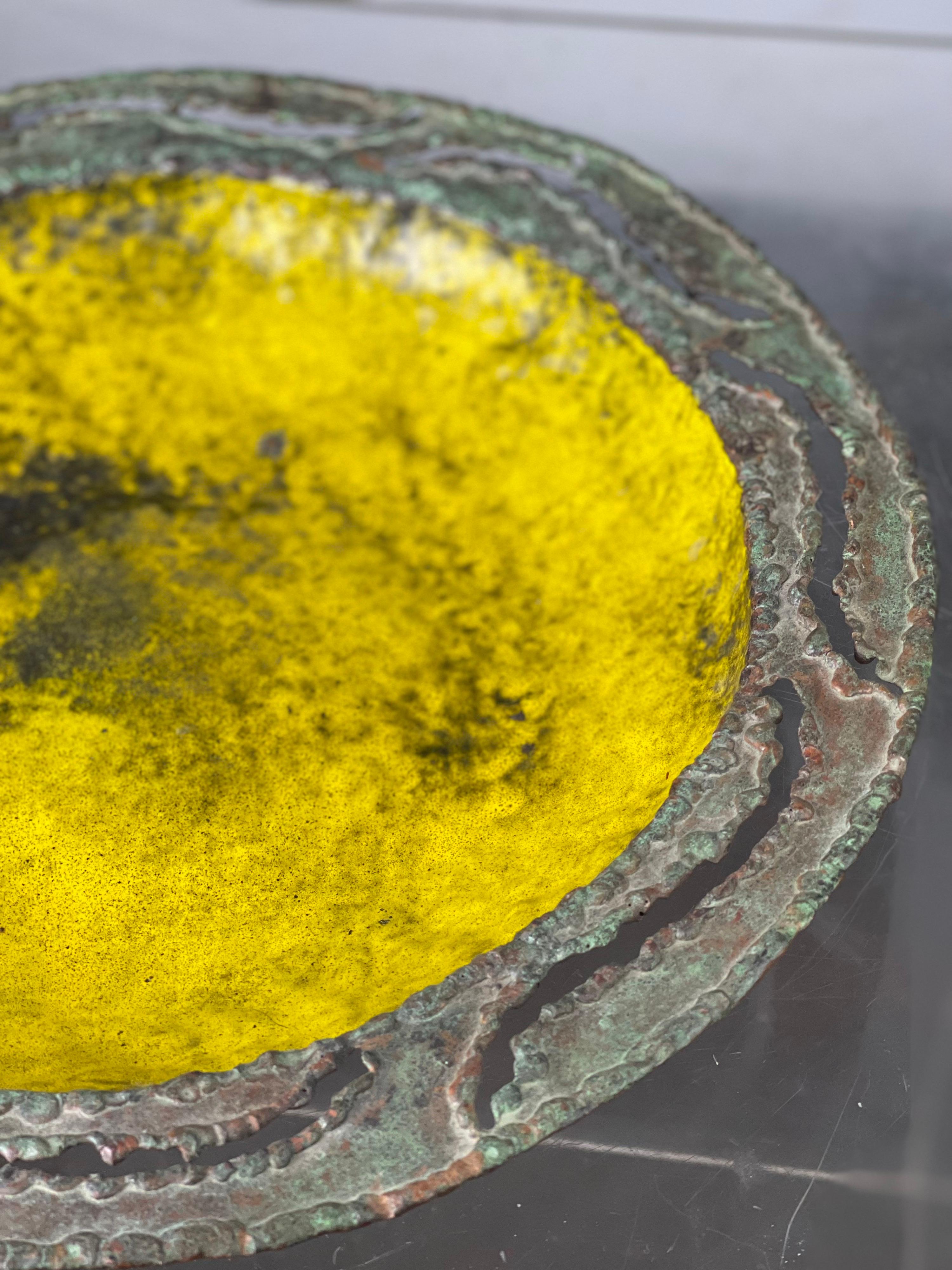 Mid-Century Modern Large Mid Century Bowl in Yellow Enamel on Hammered Copper by Marcelo Fantoni