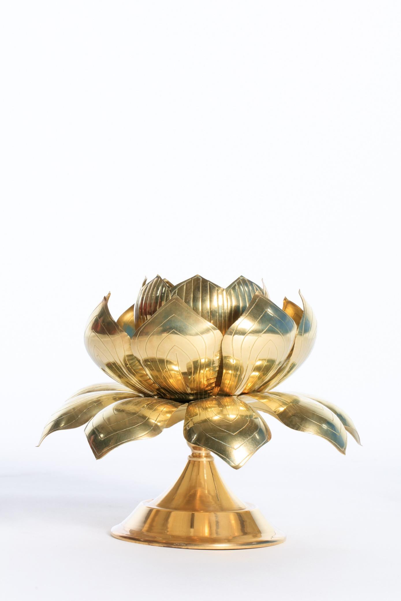 Mid-20th Century Parzinger Style Large Brass Centerpiece Lotus Candle Holders by Feldman Lighting For Sale