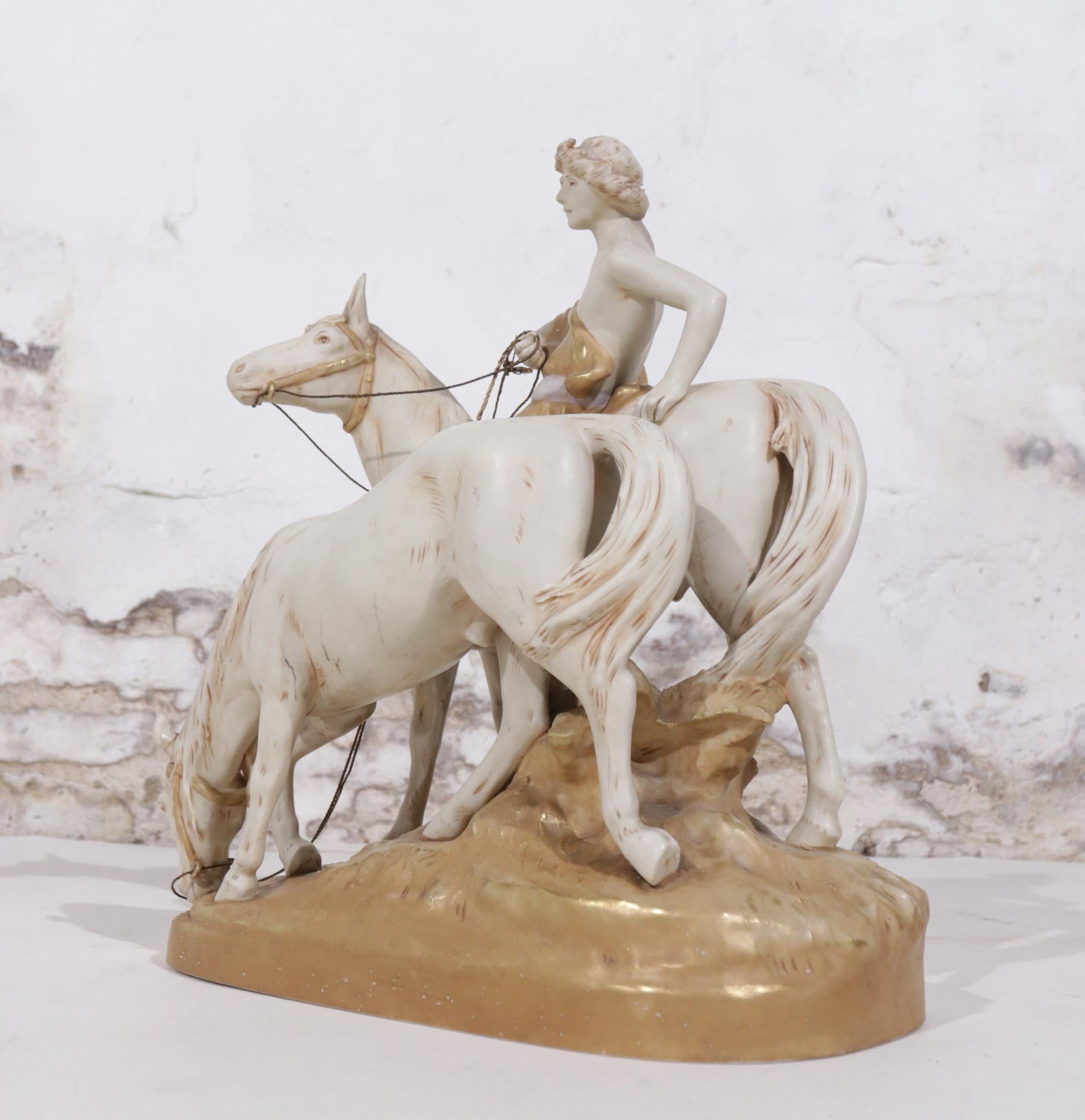 Large Centerpiece Royal Dux Antique Group of a Boy Riding Two Horses For Sale 1