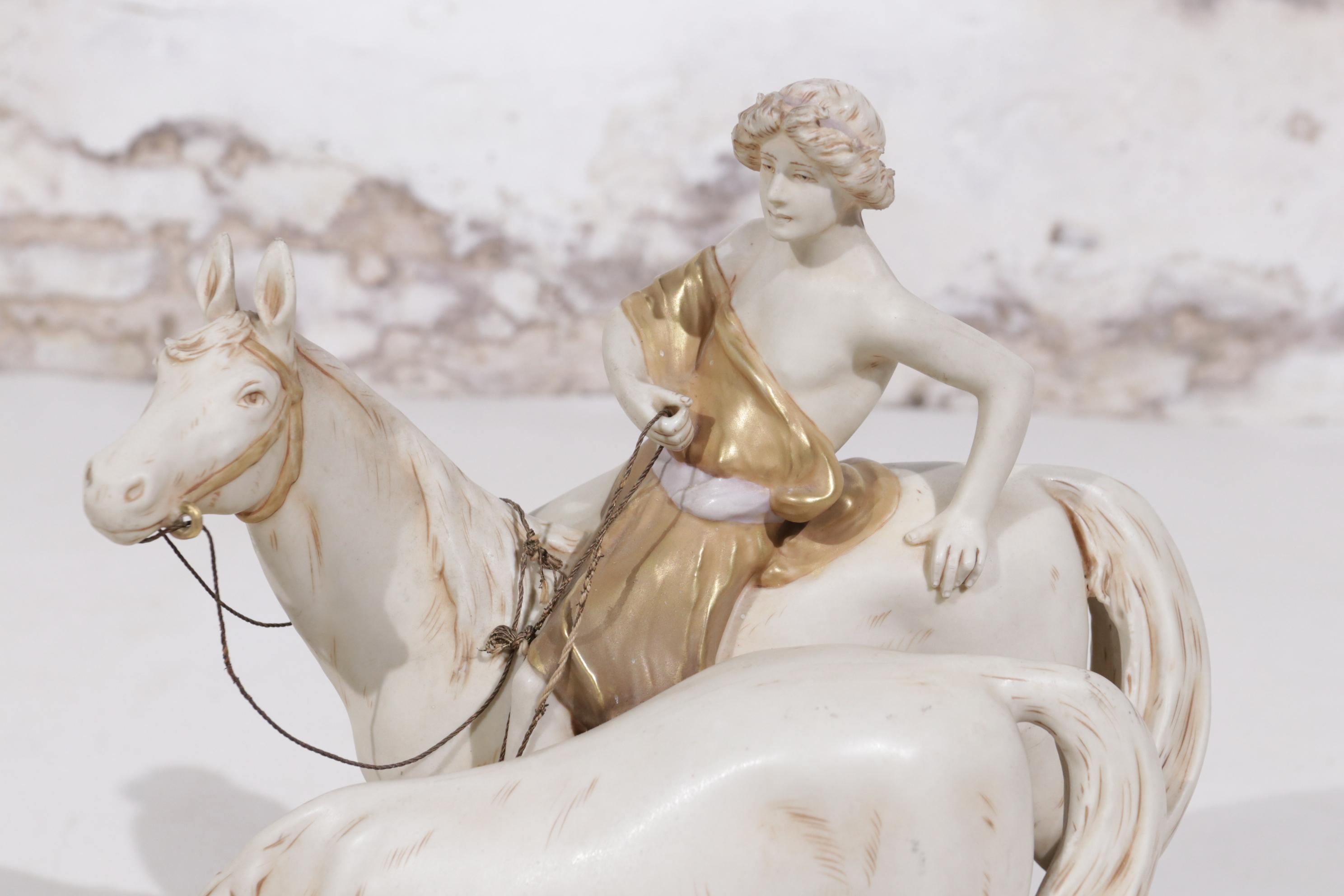 Large Centerpiece Royal Dux Antique Group of a Boy Riding Two Horses For Sale 3