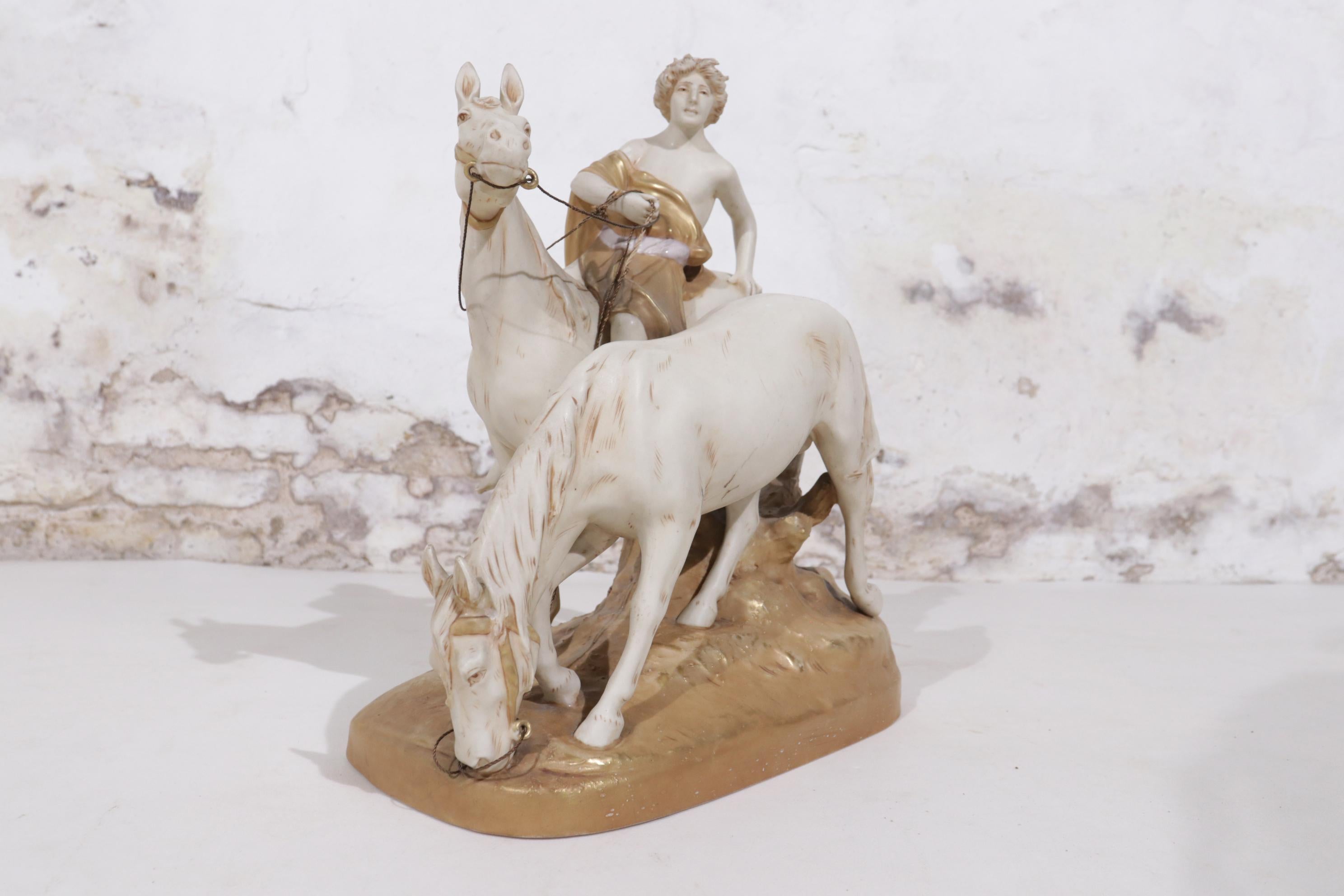 Romantic Large Centerpiece Royal Dux Antique Group of a Boy Riding Two Horses For Sale